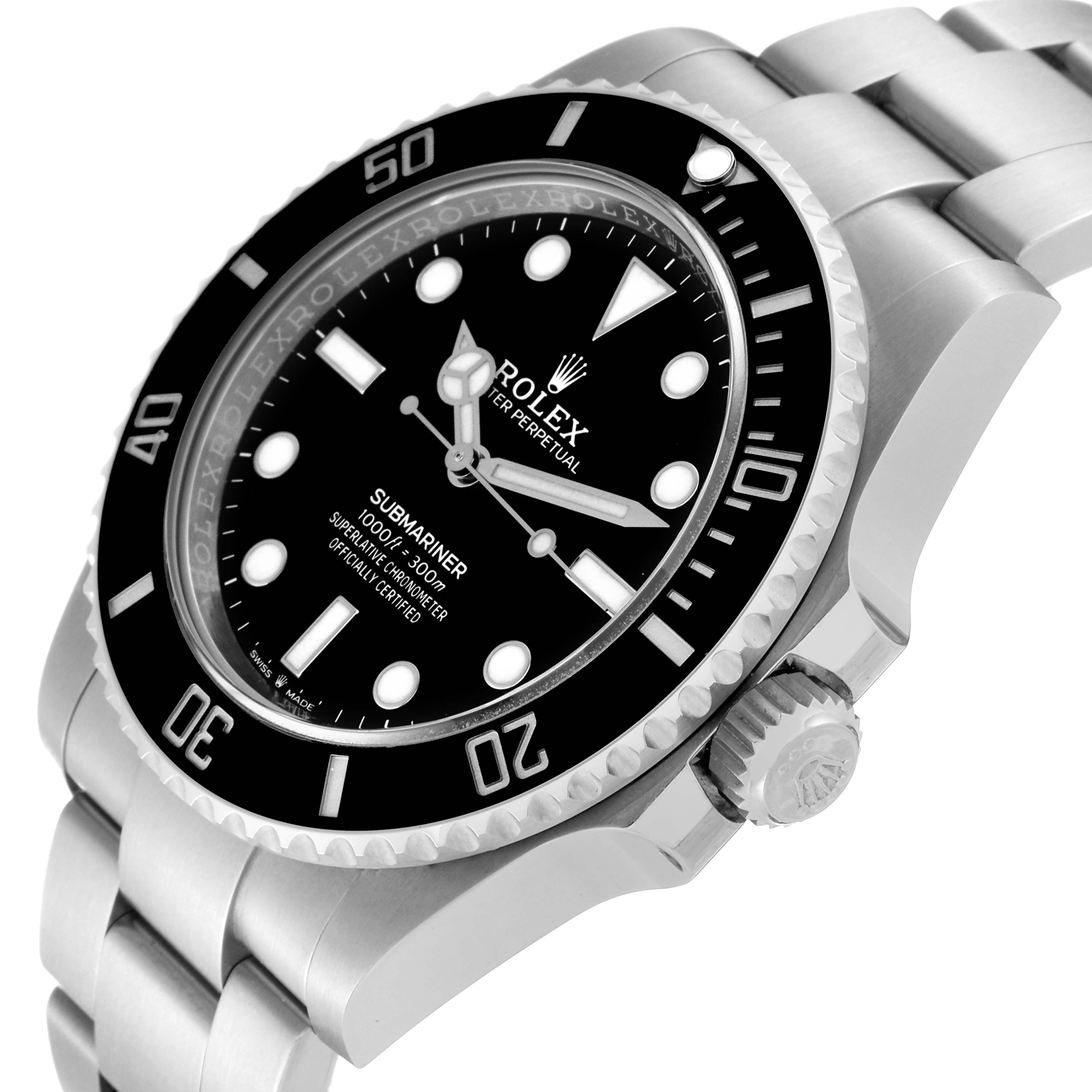 This image shows the Rolex Submariner 124060 Men's Stainless Steel Black Dial 124060 Men's Stainless Steel Black Dial watch from an angle that highlights the dial, bezel, crown, and part of the metal bracelet.