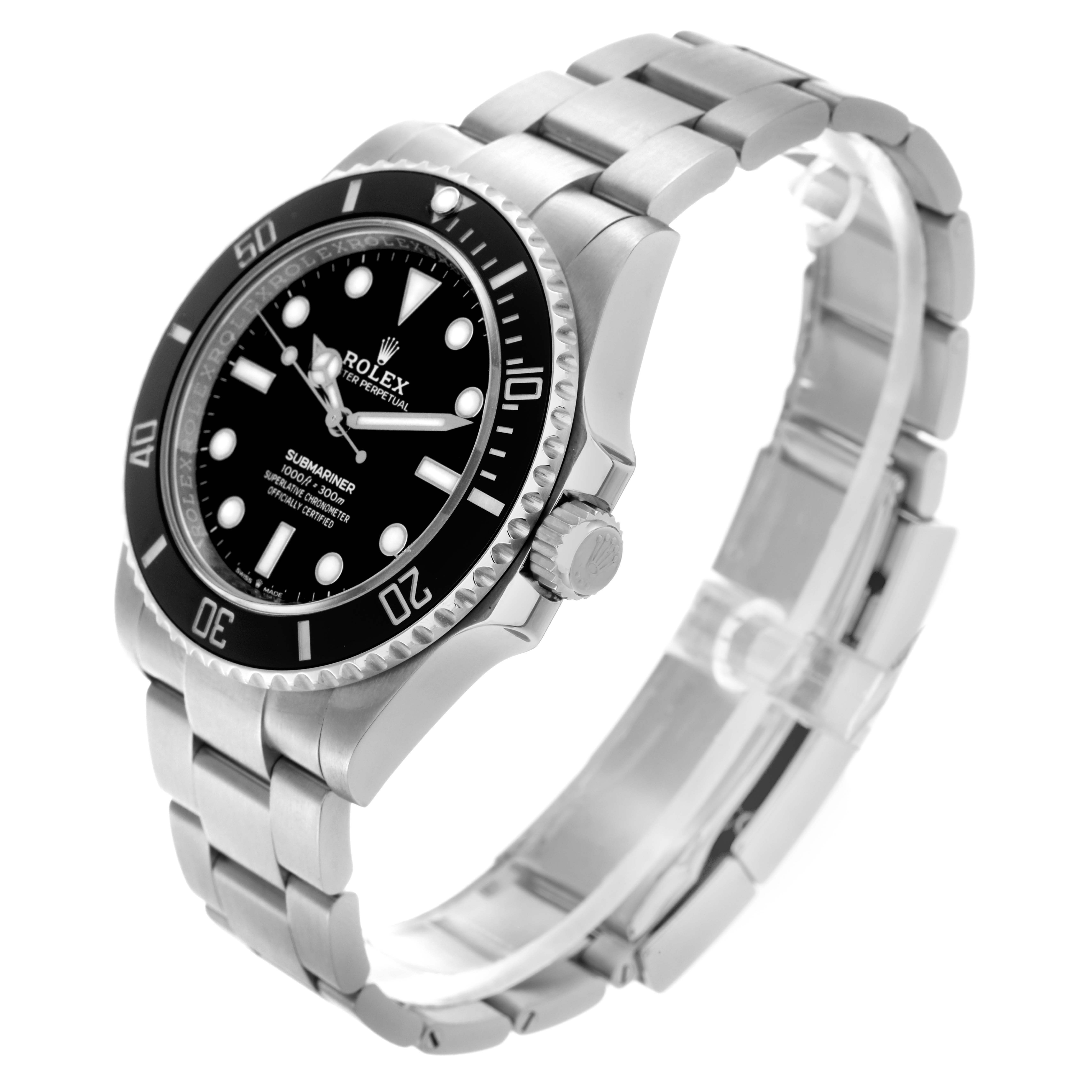 The Rolex Submariner 124060 Men
s Stainless Steel Black Dial 124060 Men
s Stainless Steel Black Dial watch is shown at a three-quarter angle, highlighting its face, bezel, case, and part of the bracelet.