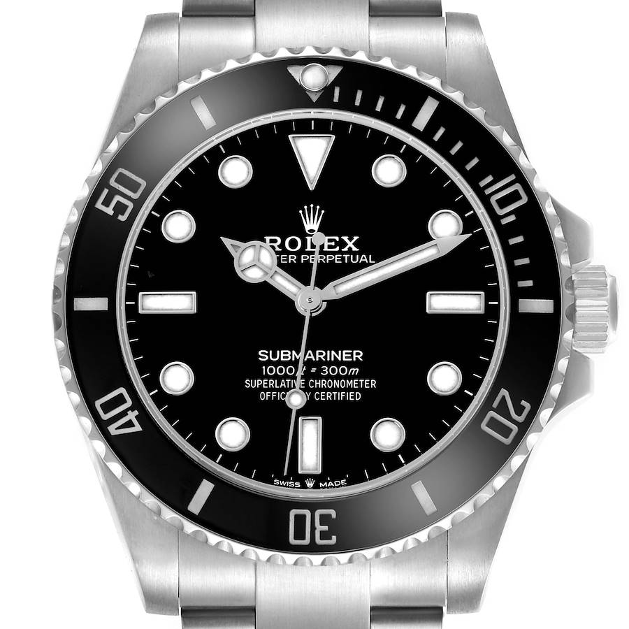 The image shows a front view of a Rolex Submariner, displaying the dial, bezel, crown, and part of the bracelet.