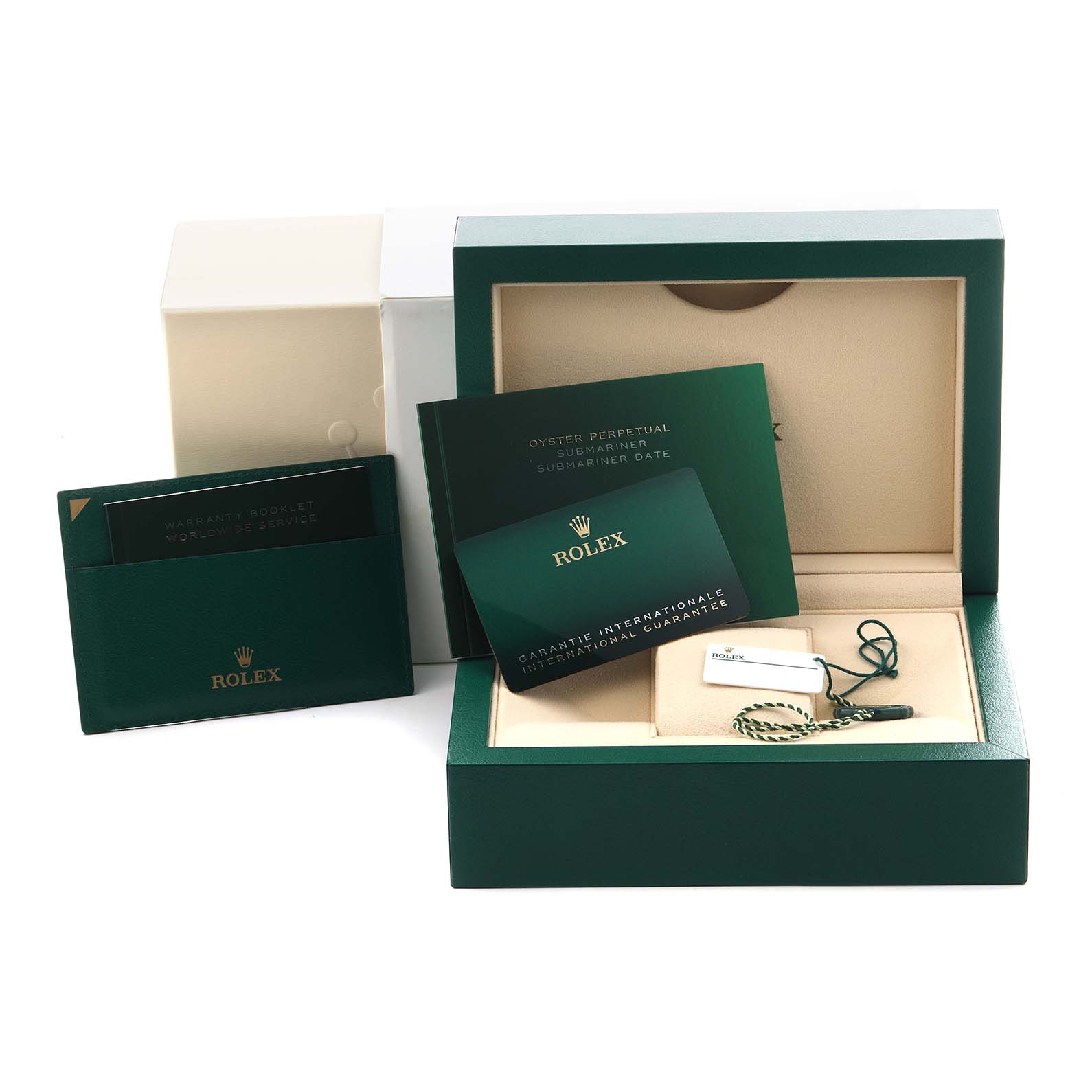 The image shows a Rolex Submariner 124060 Men
s Stainless Steel Black Dial 124060 Men
s Stainless Steel Black Dial box set with warranty booklets, a cardholder, and tags, at an angled view.