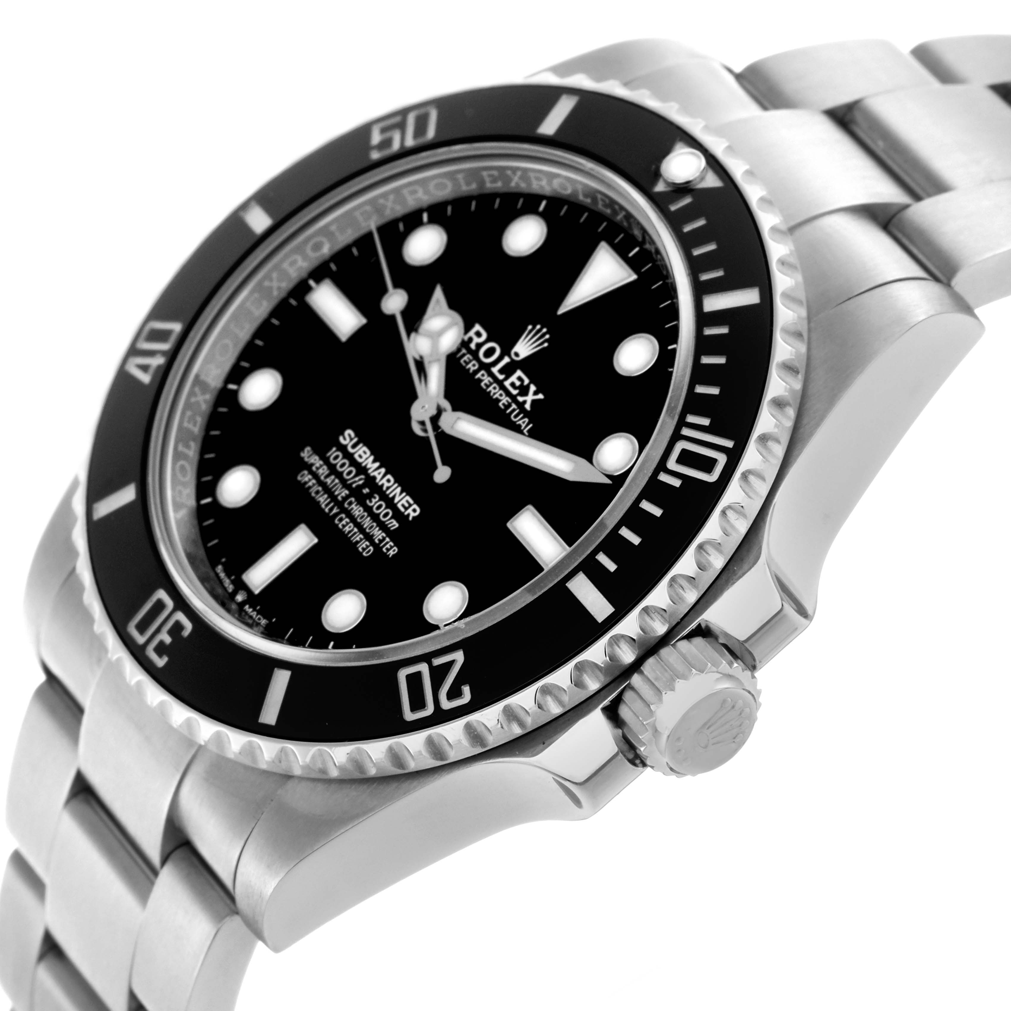 The Rolex Submariner 124060 Men
s Stainless Steel Black Dial 124060 Men
s Stainless Steel Black Dial is shown at an angled side view, highlighting the bezel, crown, and bracelet.