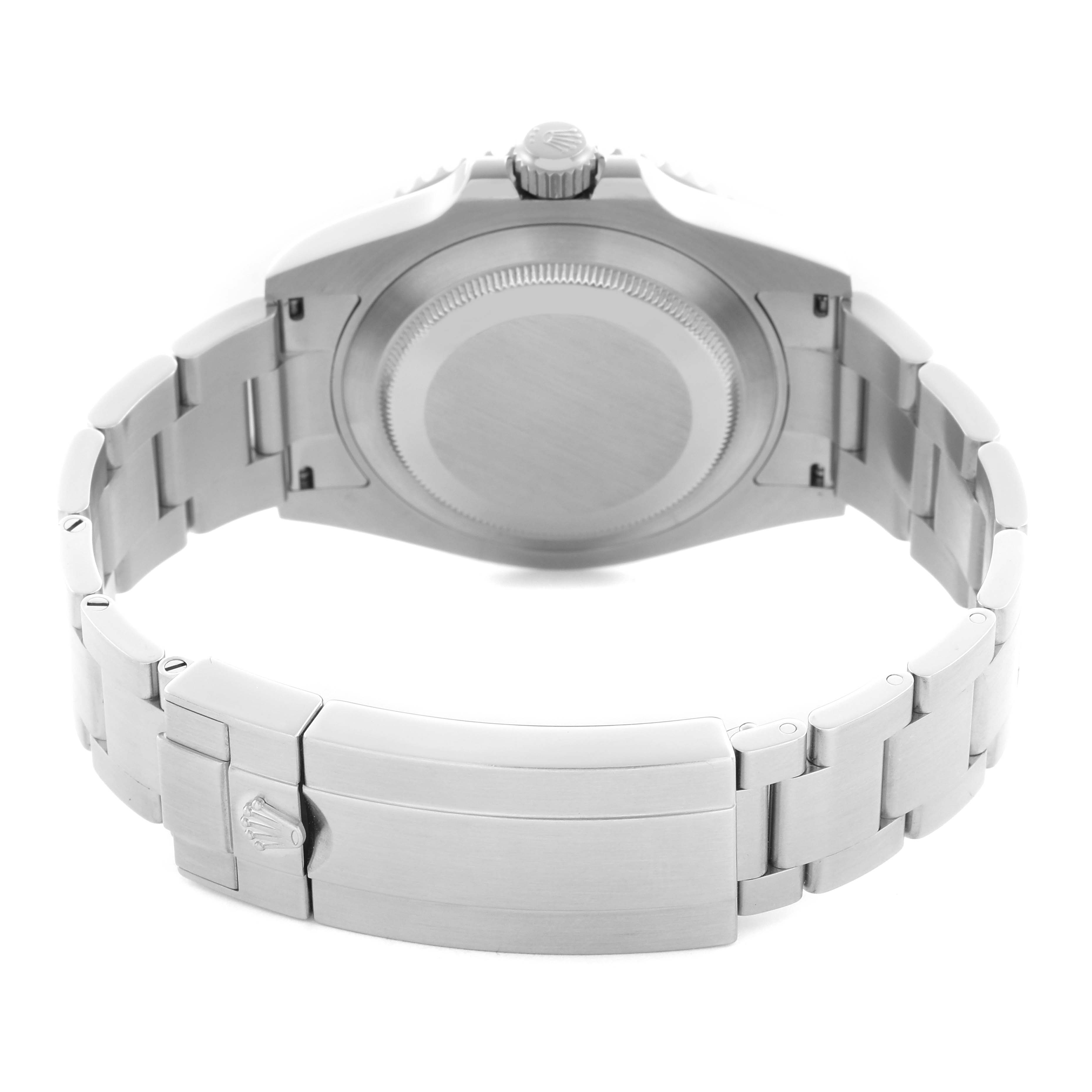 The image shows the Rolex Submariner 124060 Men
s Stainless Steel Black Dial 124060 Men
s Stainless Steel Black Dial
s case back and bracelet from a rear angle.