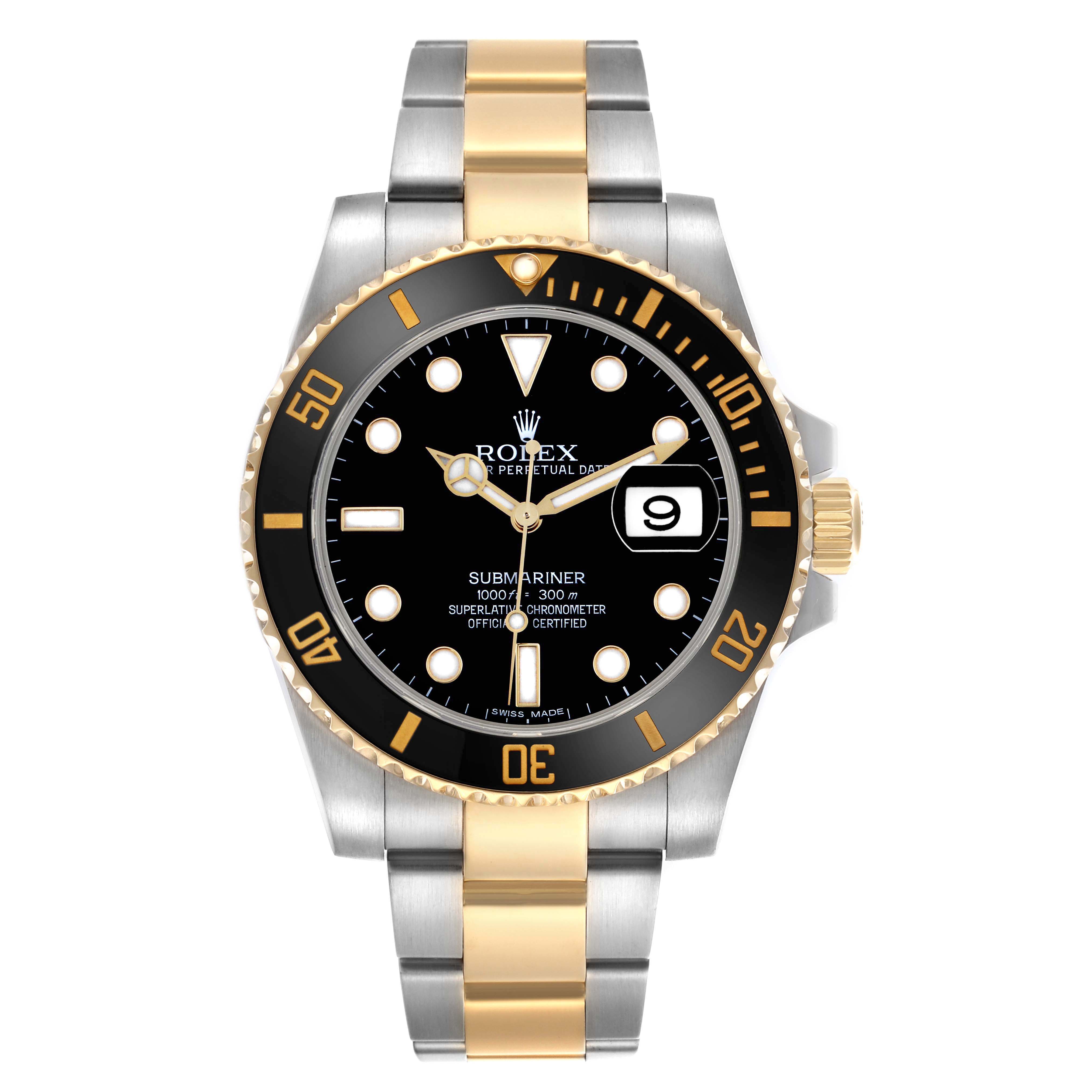 The Rolex Submariner 116613 Men
s Steel and Gold (two tone) Black Dial 116613 Men
s Steel and Gold (two tone) Black Dial watch is shown from a top-down angle, displaying the dial, bezel, date window, and two-tone bracelet.