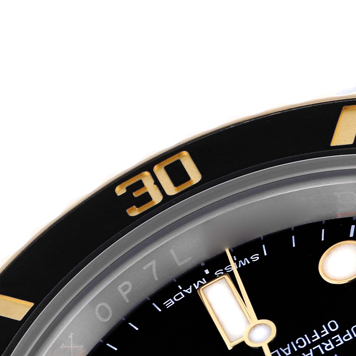 The image shows a close-up of the bezel and dial of a Rolex Submariner 116613 Men
s Steel and Gold (two tone) Black Dial 116613 Men
s Steel and Gold (two tone) Black Dial watch, highlighting the "30" marker.