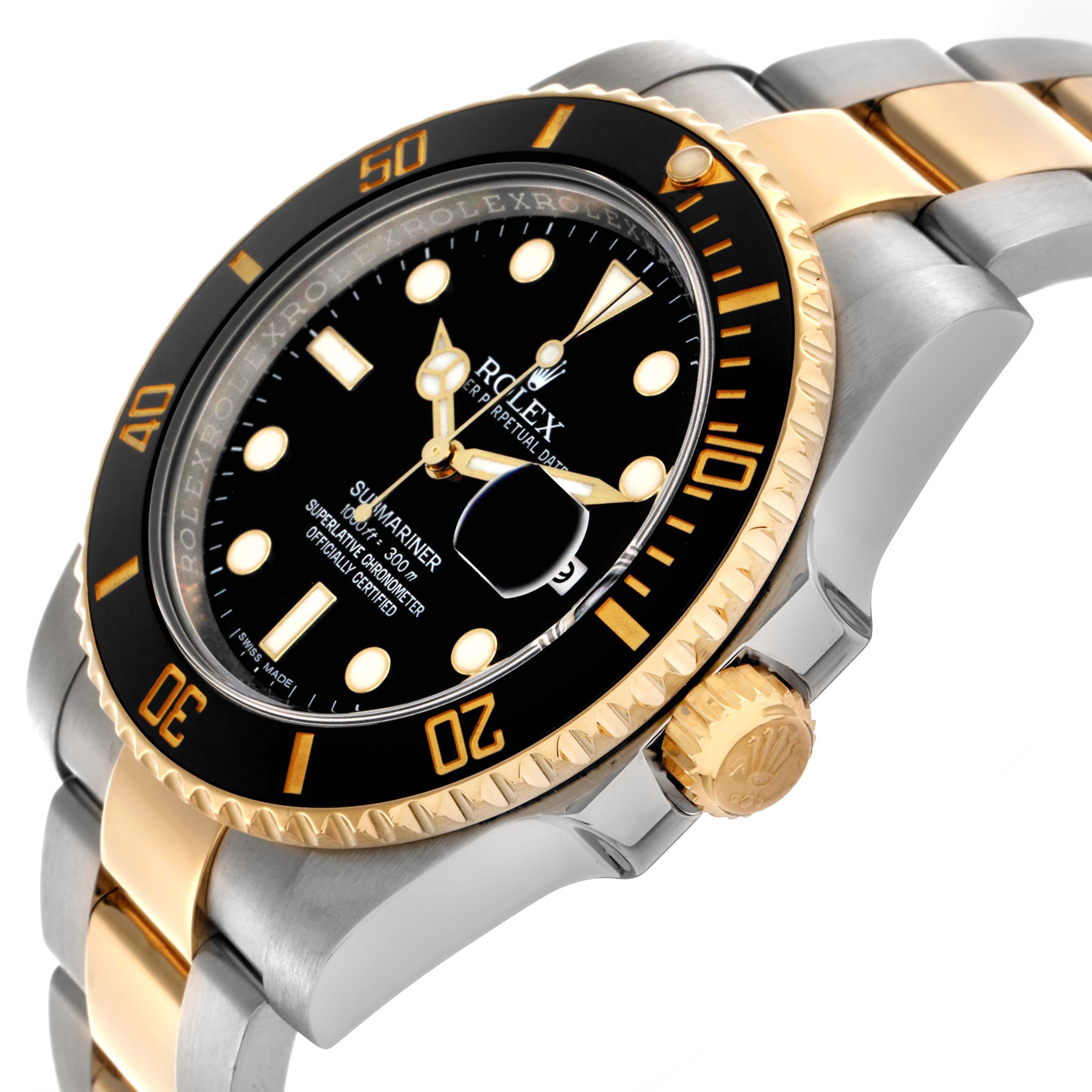 The Rolex Submariner 116613 Men
s Steel and Gold (two tone) Black Dial 116613 Men
s Steel and Gold (two tone) Black Dial is shown at an angled side view, highlighting the bezel, dial, crown, and bracelet.