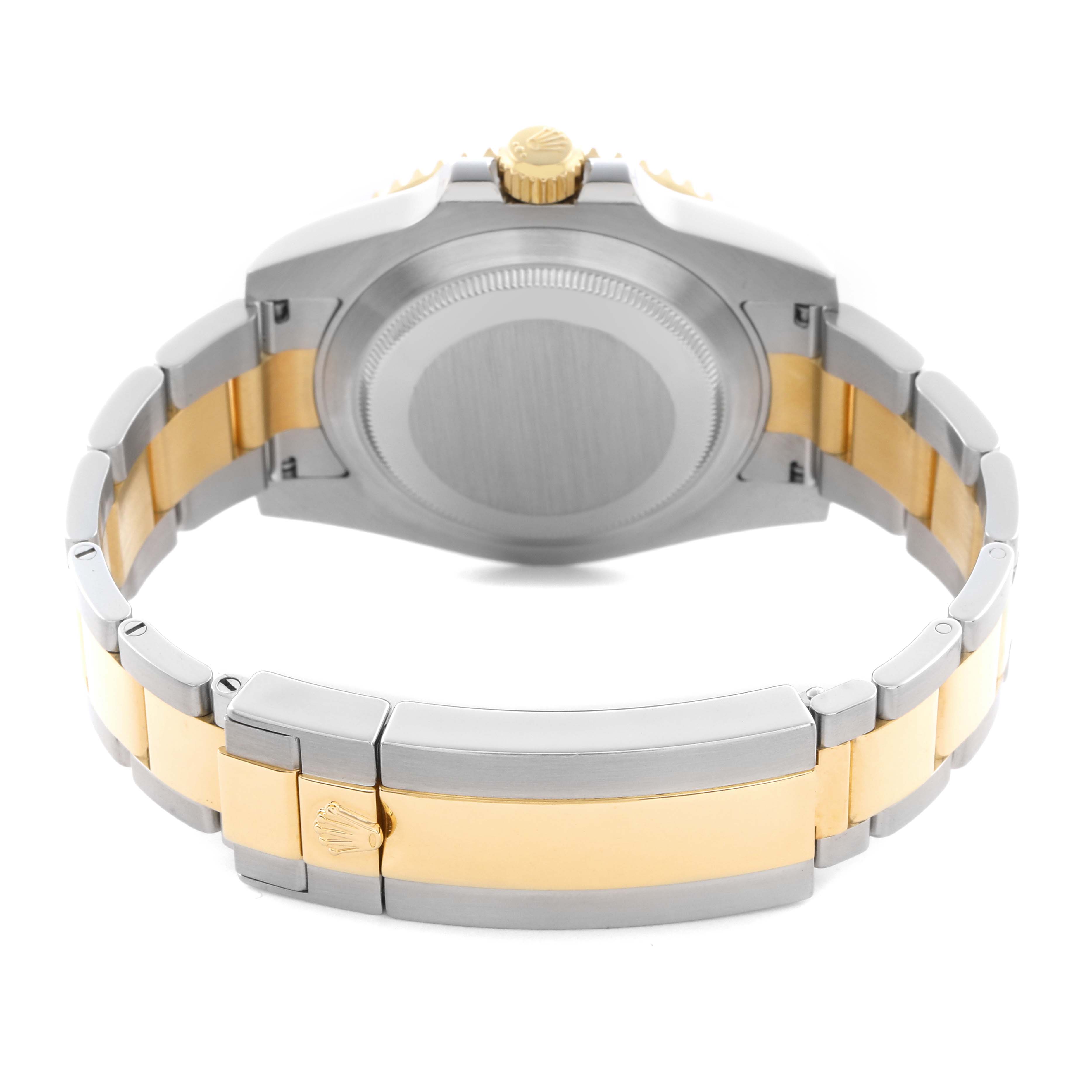 The Rolex Submariner 116613 Men
s Steel and Gold (two tone) Black Dial 116613 Men
s Steel and Gold (two tone) Black Dial is shown from the back, highlighting the two-tone bracelet, case back, and clasp.