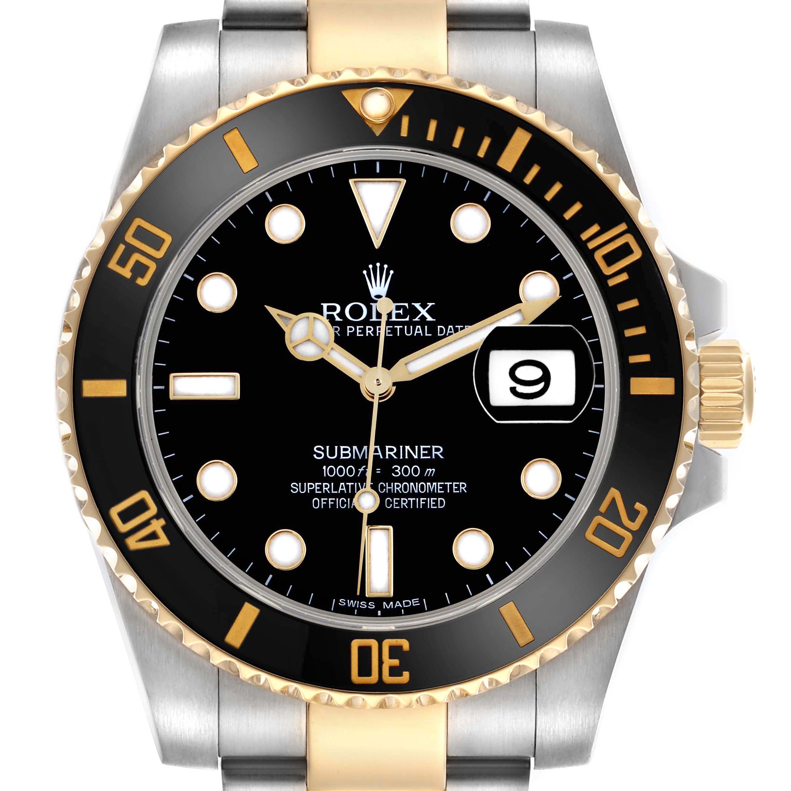 The Rolex Submariner 116613 Men
s Steel and Gold (two tone) Black Dial 116613 Men
s Steel and Gold (two tone) Black Dial watch is shown from the front, displaying its face, bezel, crown, and part of the bracelet.