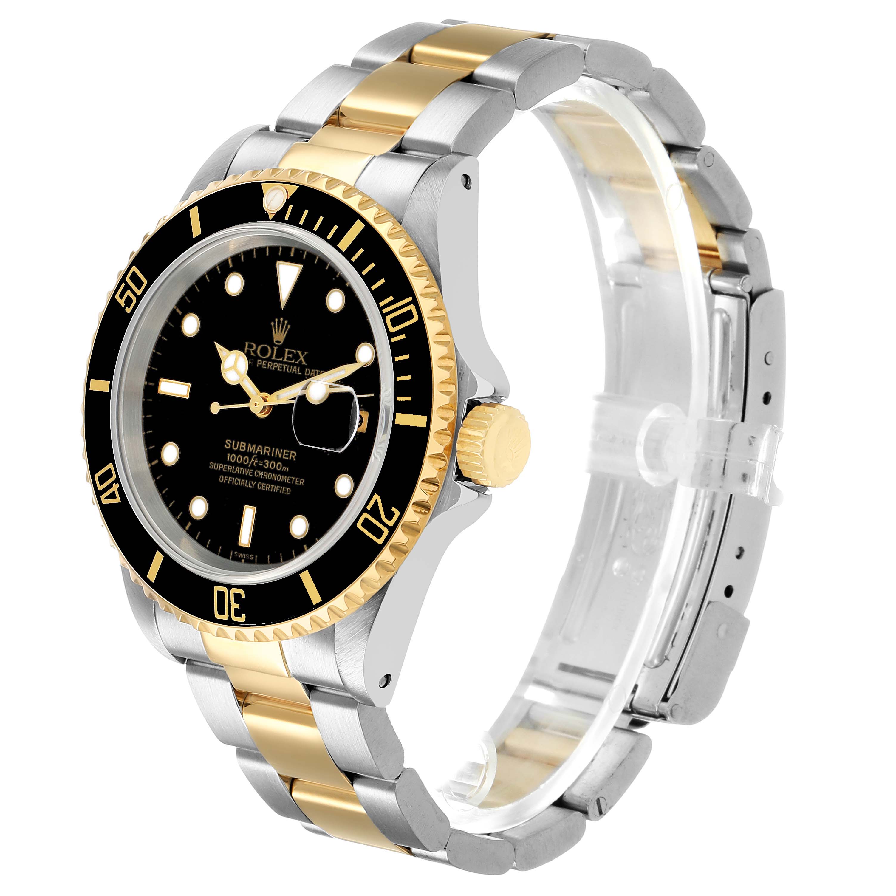 The Rolex Submariner 16613 Men's Steel and Gold (two tone) Black Dial is shown at a three-quarter angle, highlighting the bezel, dial, crown, and two-tone bracelet.