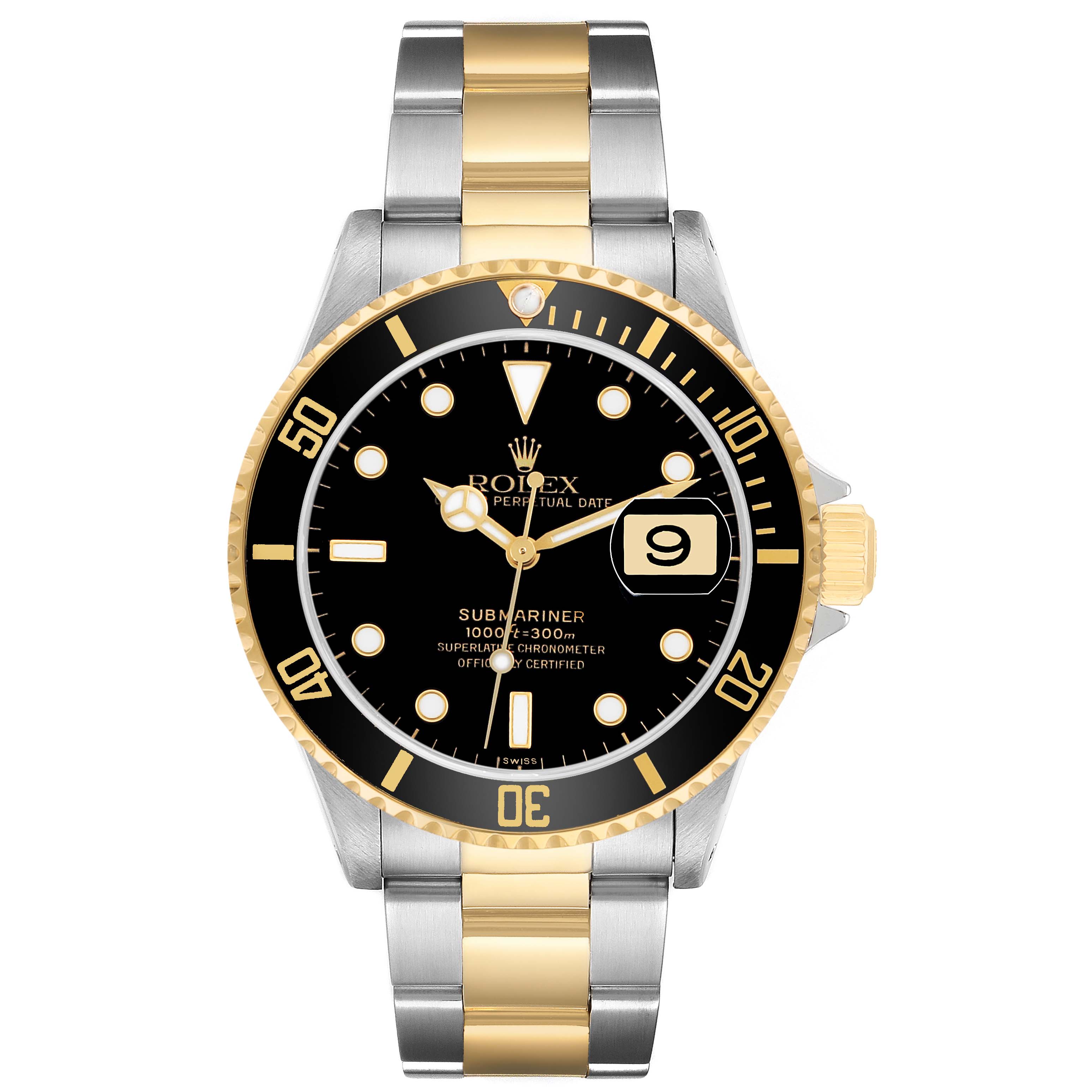 The Rolex Submariner 16613 Men's Steel and Gold (two tone) Black Dial watch is shown from a front angle, featuring its bezel, dial, bracelet, and date display.