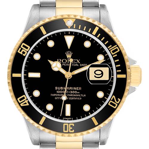 The Rolex Submariner 16613 Men's Steel and Gold (two tone) Black Dial watch is shown from a top-down angle, highlighting the face, bezel, hands, and date window.