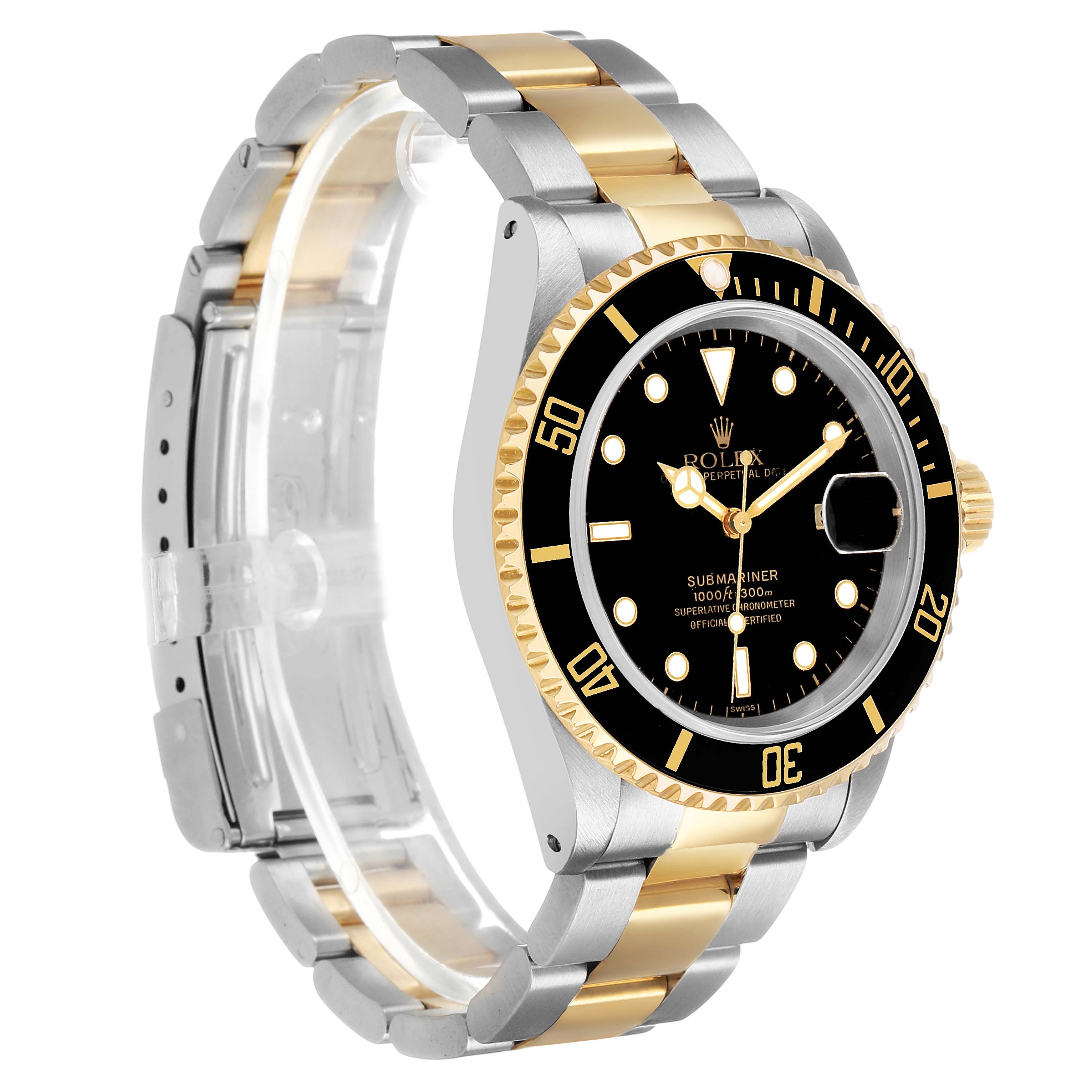 The Rolex Submariner 16613 Men's Steel and Gold (two tone) Black Dial is shown at a three-quarter angle, highlighting the gold and silver bracelet, black bezel, and dial.