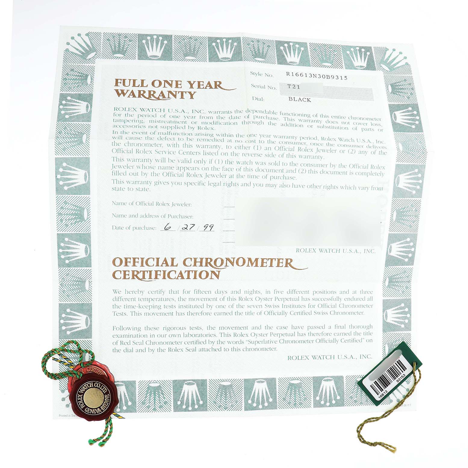 The image shows a warranty and chronometer certification for a Rolex Submariner 16613 Men's Steel and Gold (two tone) Black Dial, along with two attached tags.