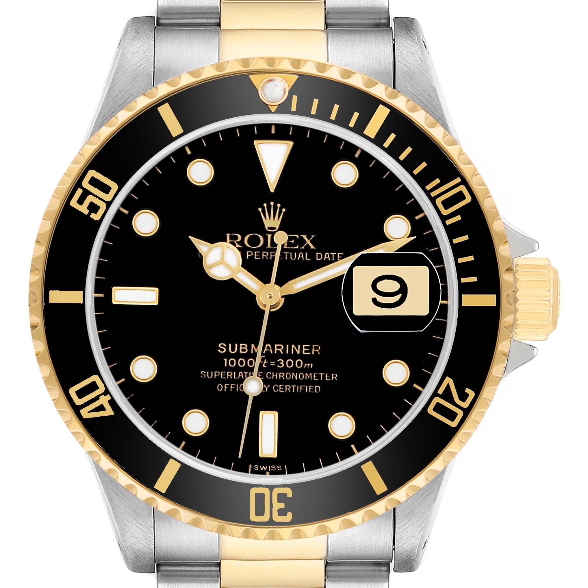 The Rolex Submariner 16613 Men's Steel and Gold (two tone) Black Dial watch is shown from the front, highlighting the bezel, dial, and bracelet.
