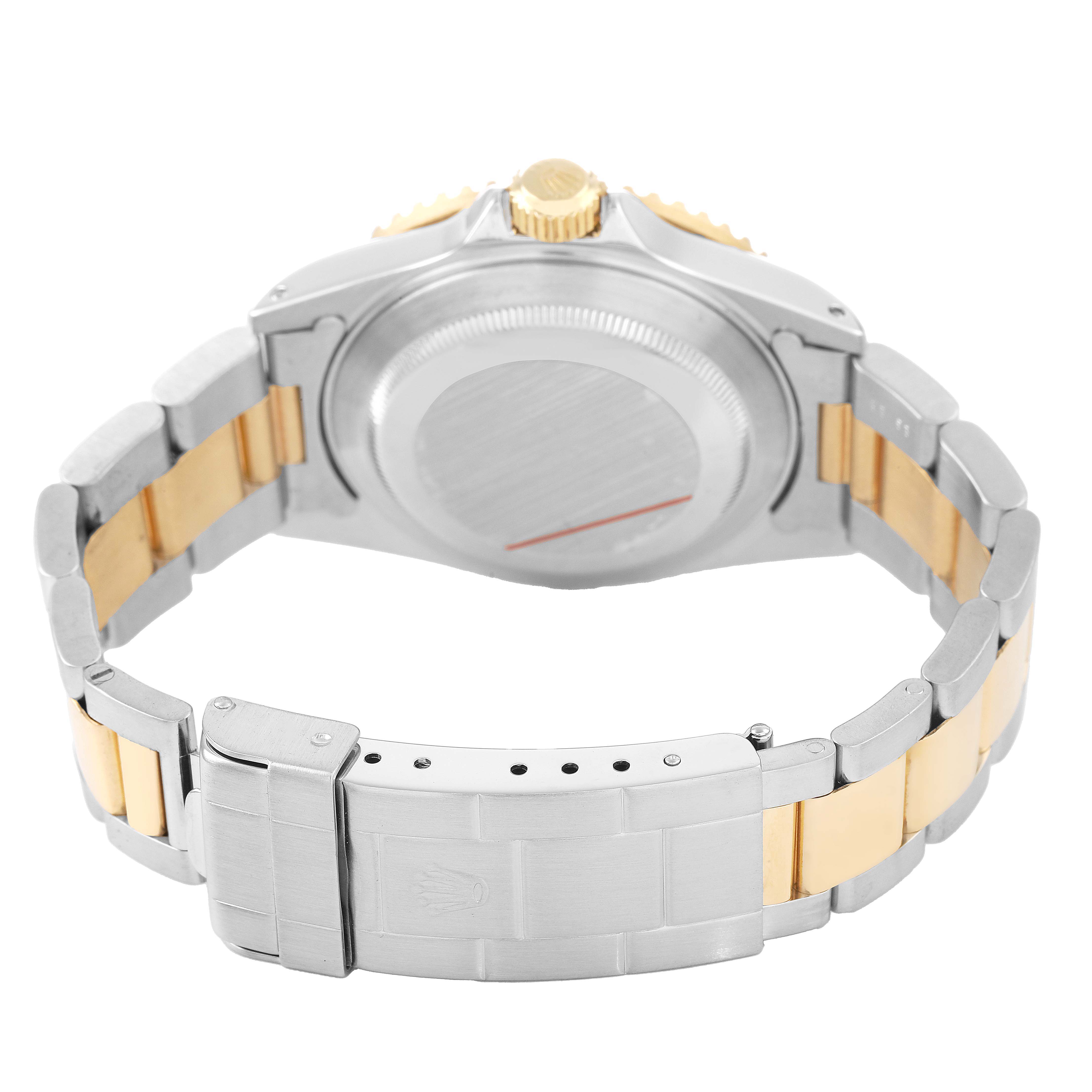 The image shows the back and bracelet of the Rolex Submariner 16613 Men's Steel and Gold (two tone) Black Dial, highlighting the two-tone metal finish.