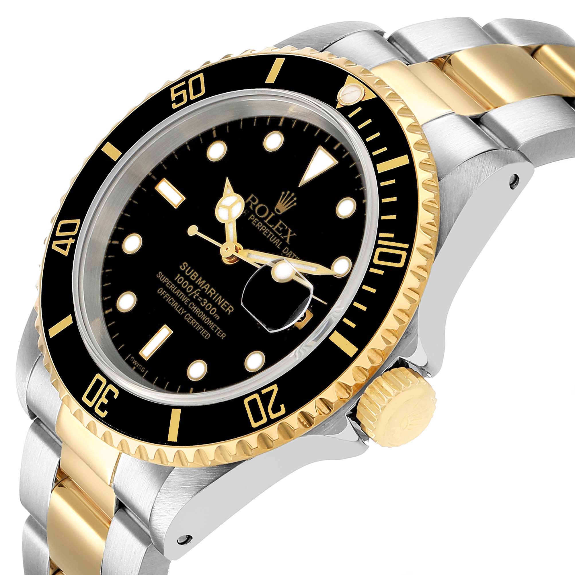 The watch is shown at a slight angled side view, highlighting the bezel, crown, and bracelet of the Rolex Submariner 16613 Men's Steel and Gold (two tone) Black Dial.