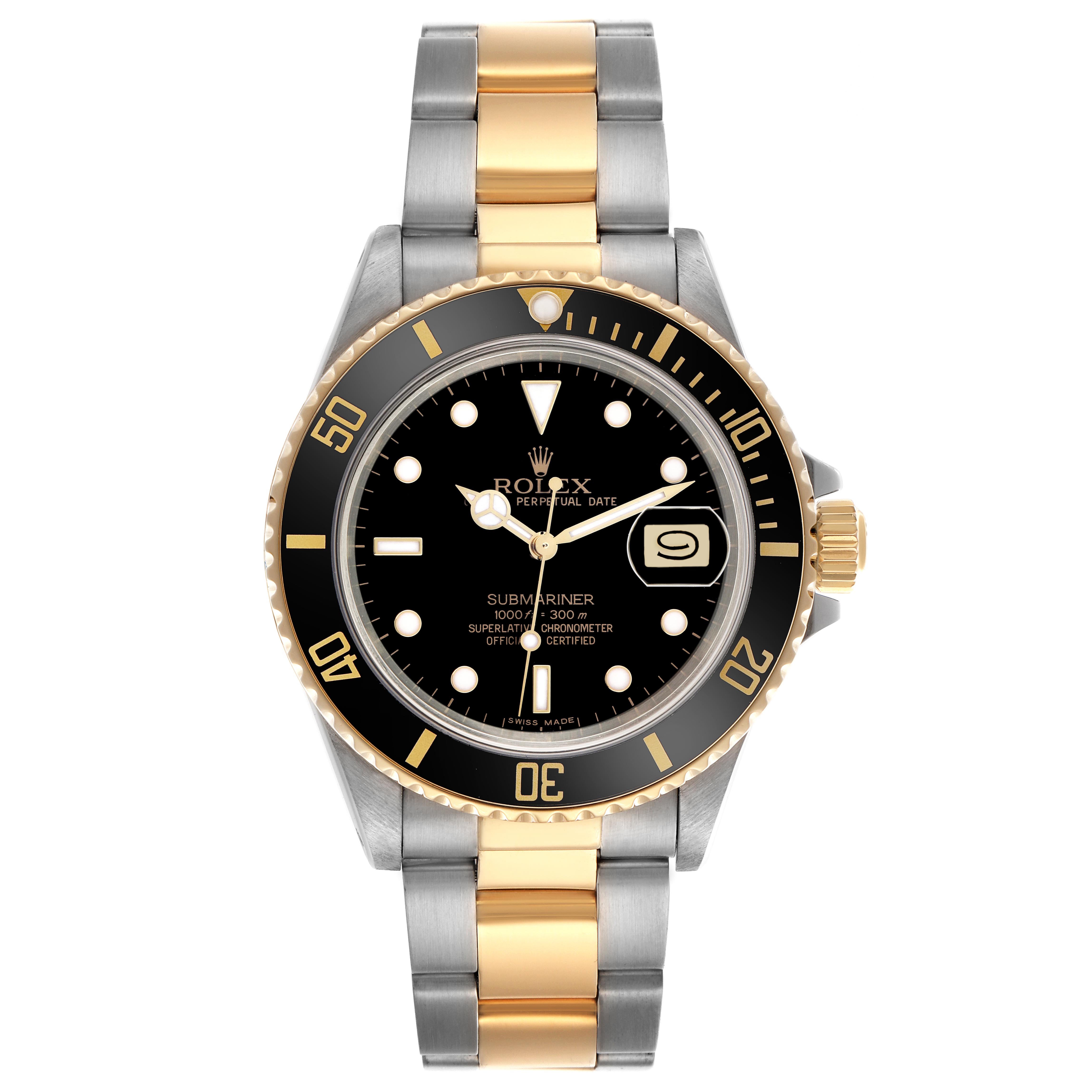 The Rolex Submariner 16803 Men
s Steel and Gold (two tone) Black Dial 16803 Men
s Steel and Gold (two tone) Black Dial watch is shown from a top-down angle highlighting the bezel, dial, hands, and bracelet.