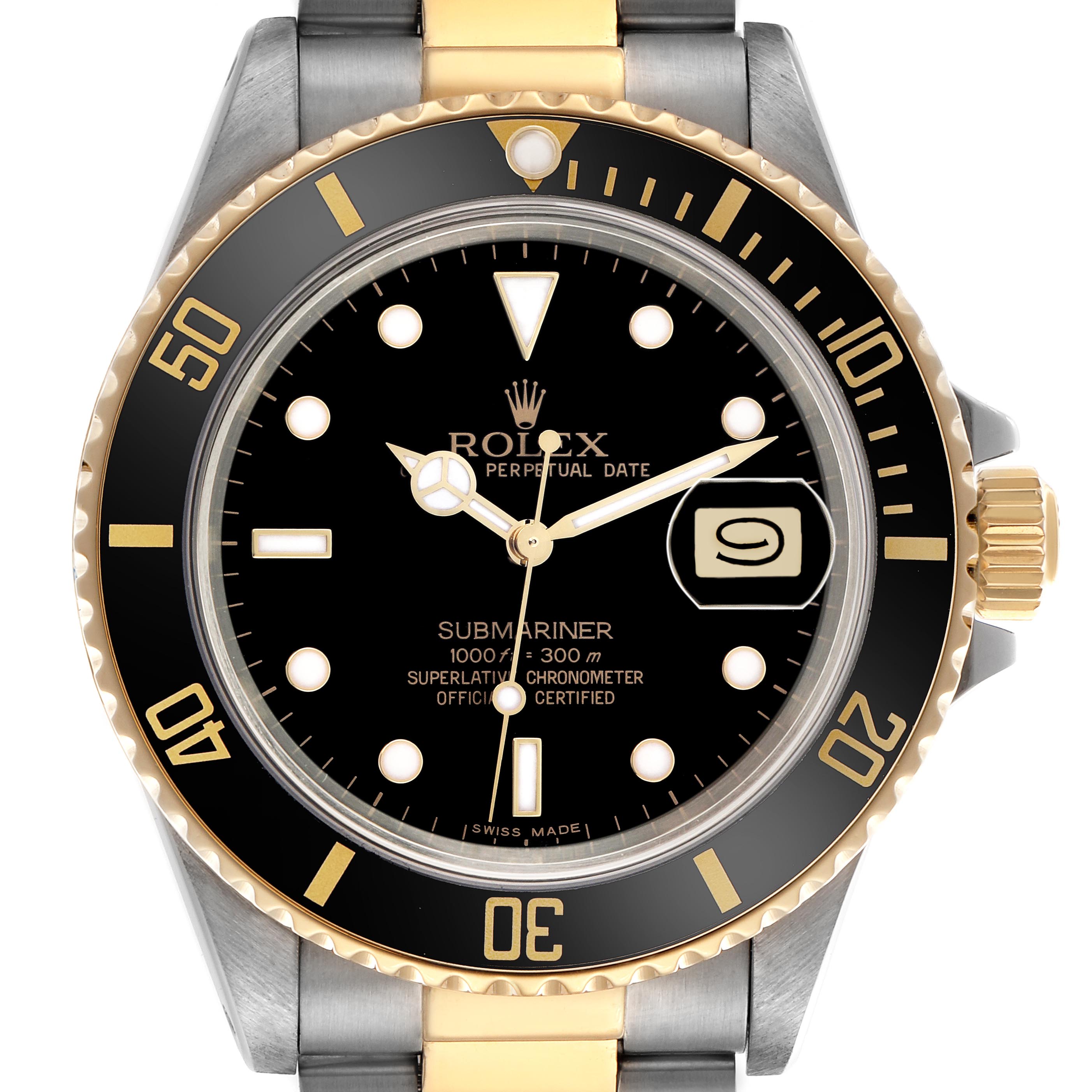 The Rolex Submariner 16803 Men
s Steel and Gold (two tone) Black Dial 16803 Men
s Steel and Gold (two tone) Black Dial watch is shown from the front, displaying the dial, bezel, and part of the bracelet.