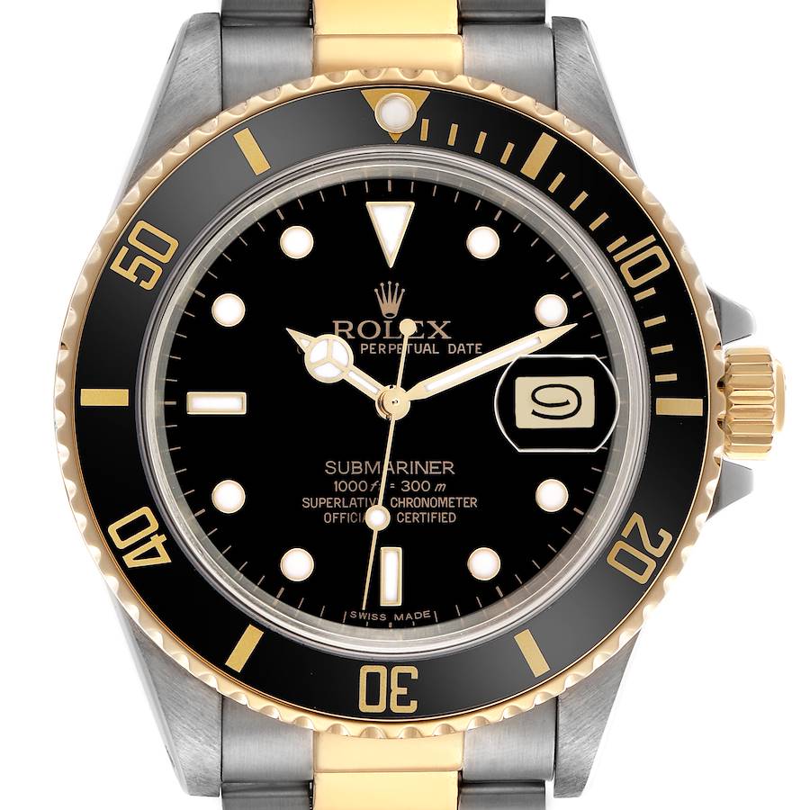 The Rolex Submariner watch is shown from the front, displaying the dial, bezel, and part of the bracelet.