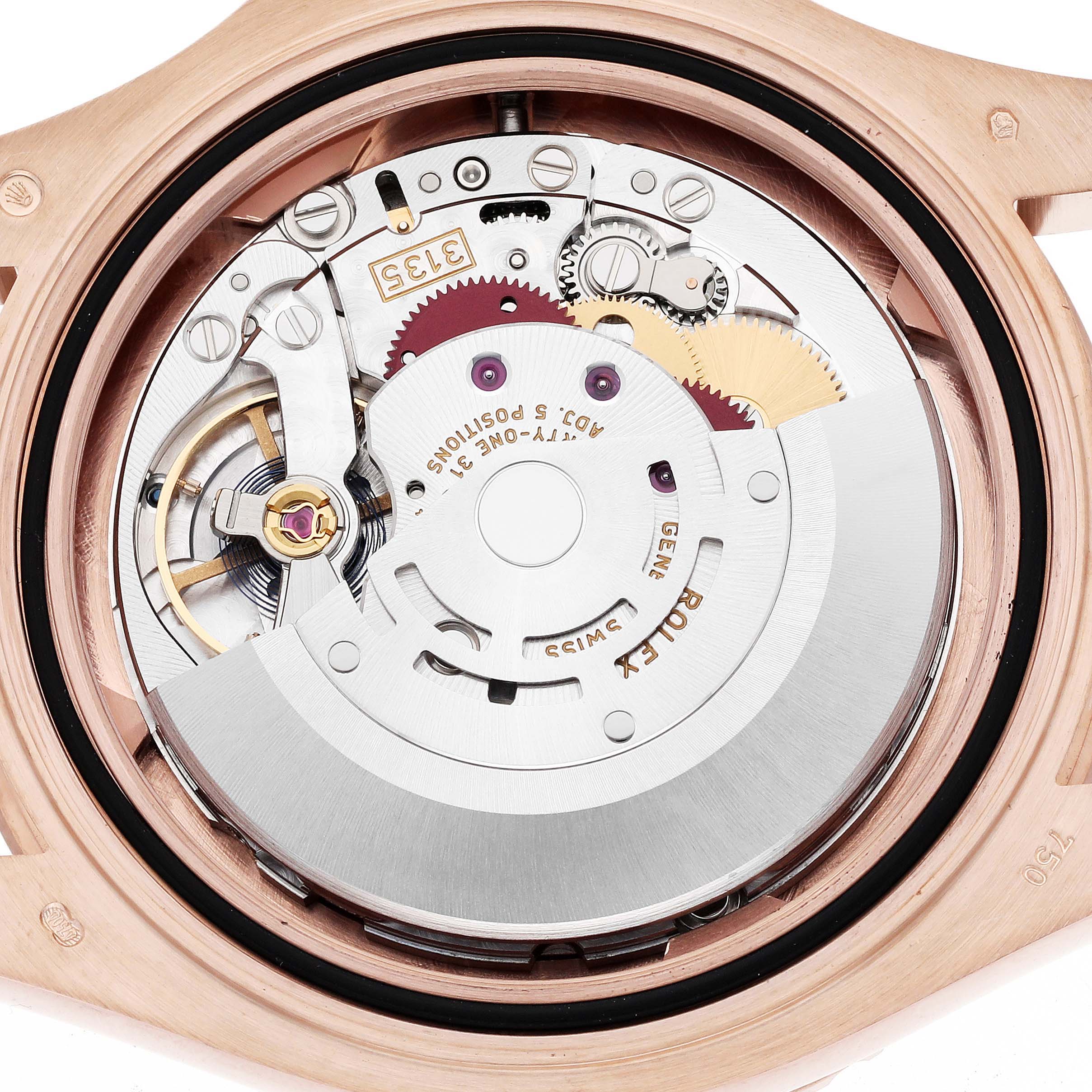 This image shows the intricate inner mechanical movement of the Rolex Yacht-Master 116655 Men's Rose Gold Silver Dial 116655 Men's Rose Gold Silver Dial watch from a top-down angle.