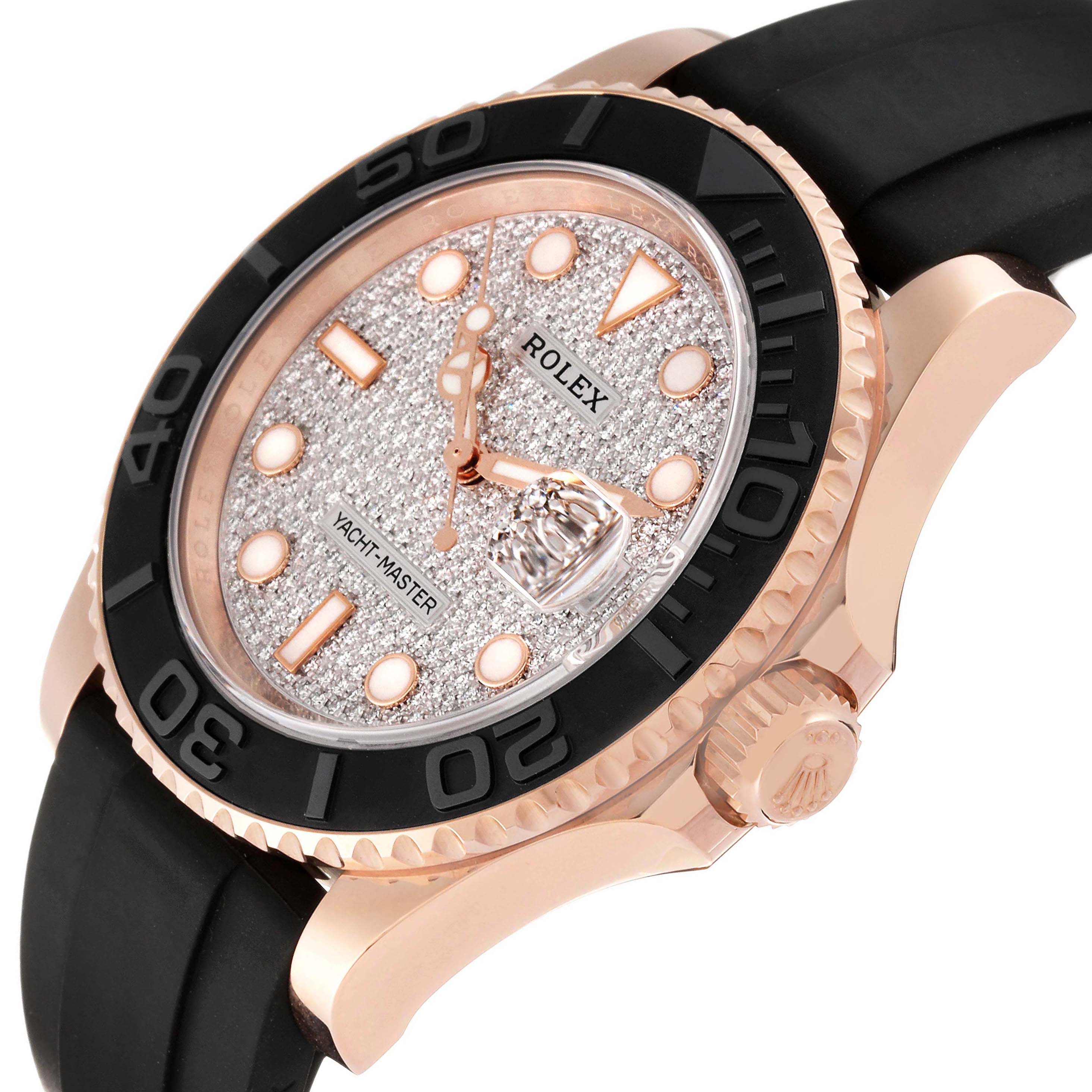 The Rolex Yacht-Master 116655 Men's Rose Gold Silver Dial watch is angled to show its face, bezel, crown, and part of the strap.