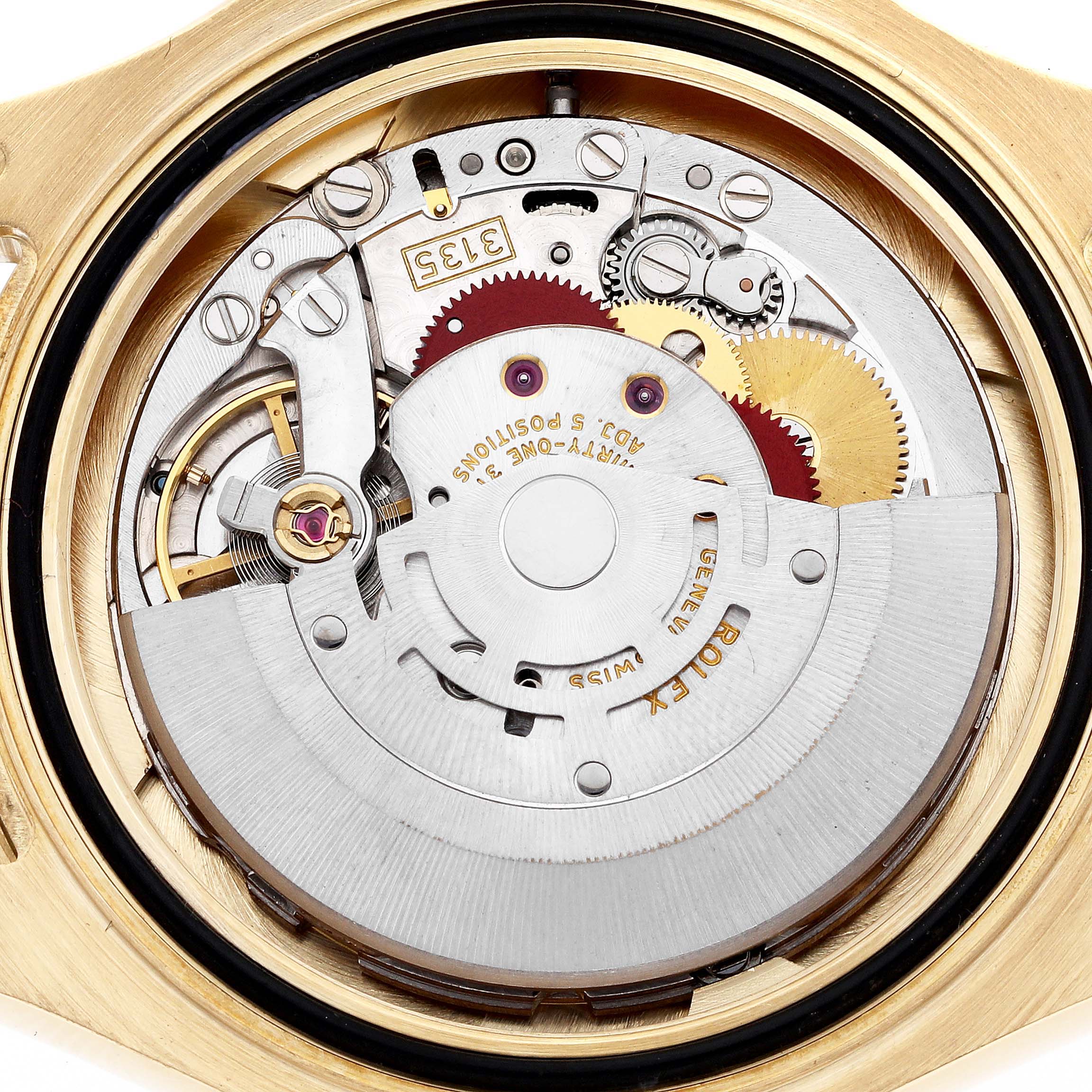 The image shows the movement of a Rolex Yacht-Master 16628B Men
s Yellow Gold Mother of Pearl Dial 16628B Men
s Yellow Gold Mother of Pearl Dial watch from a back view, highlighting gears and the rotor.