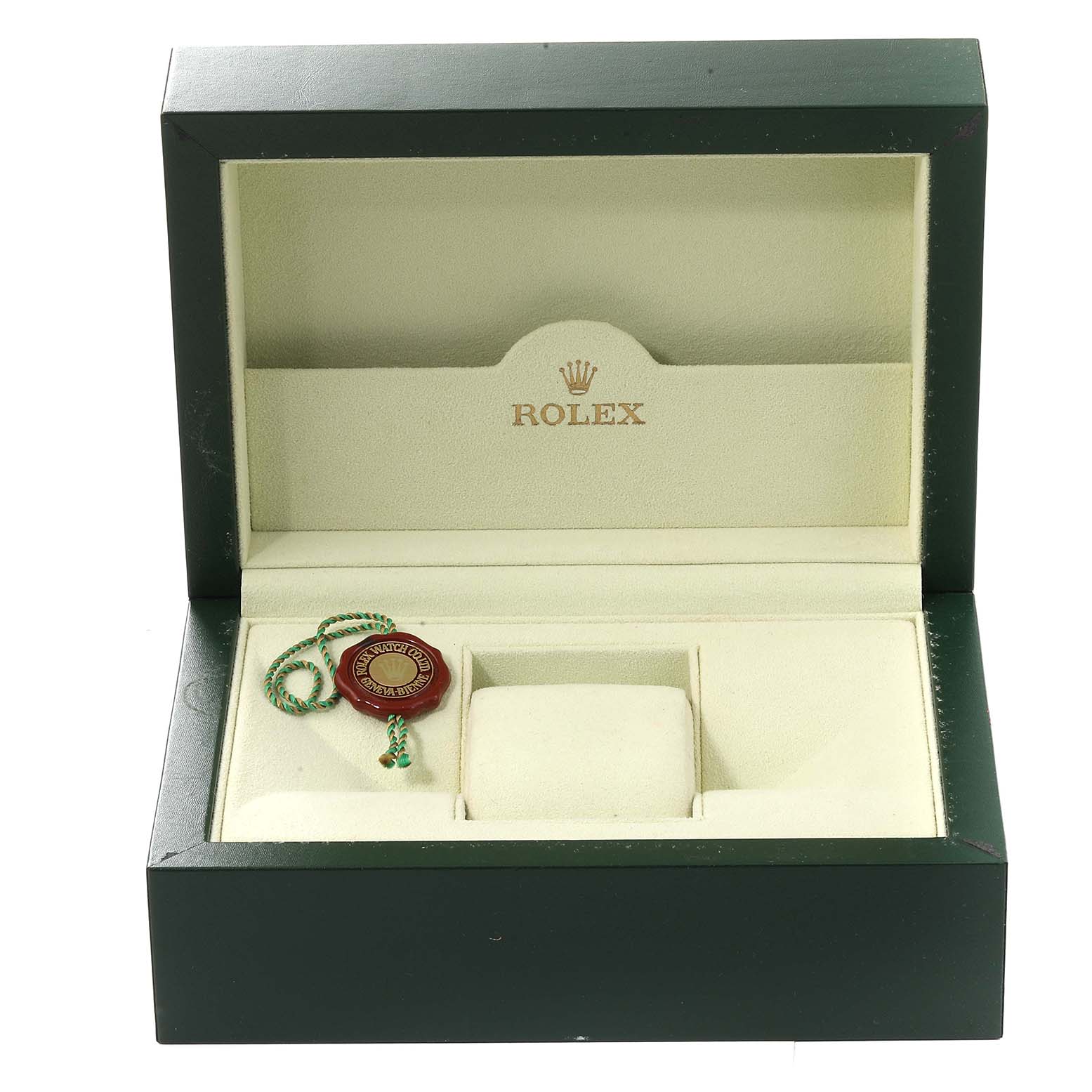 The image shows an open Rolex Yacht-Master 16628B Men
s Yellow Gold Mother of Pearl Dial 16628B Men
s Yellow Gold Mother of Pearl Dial watch box with a tag inside, viewed from the front.