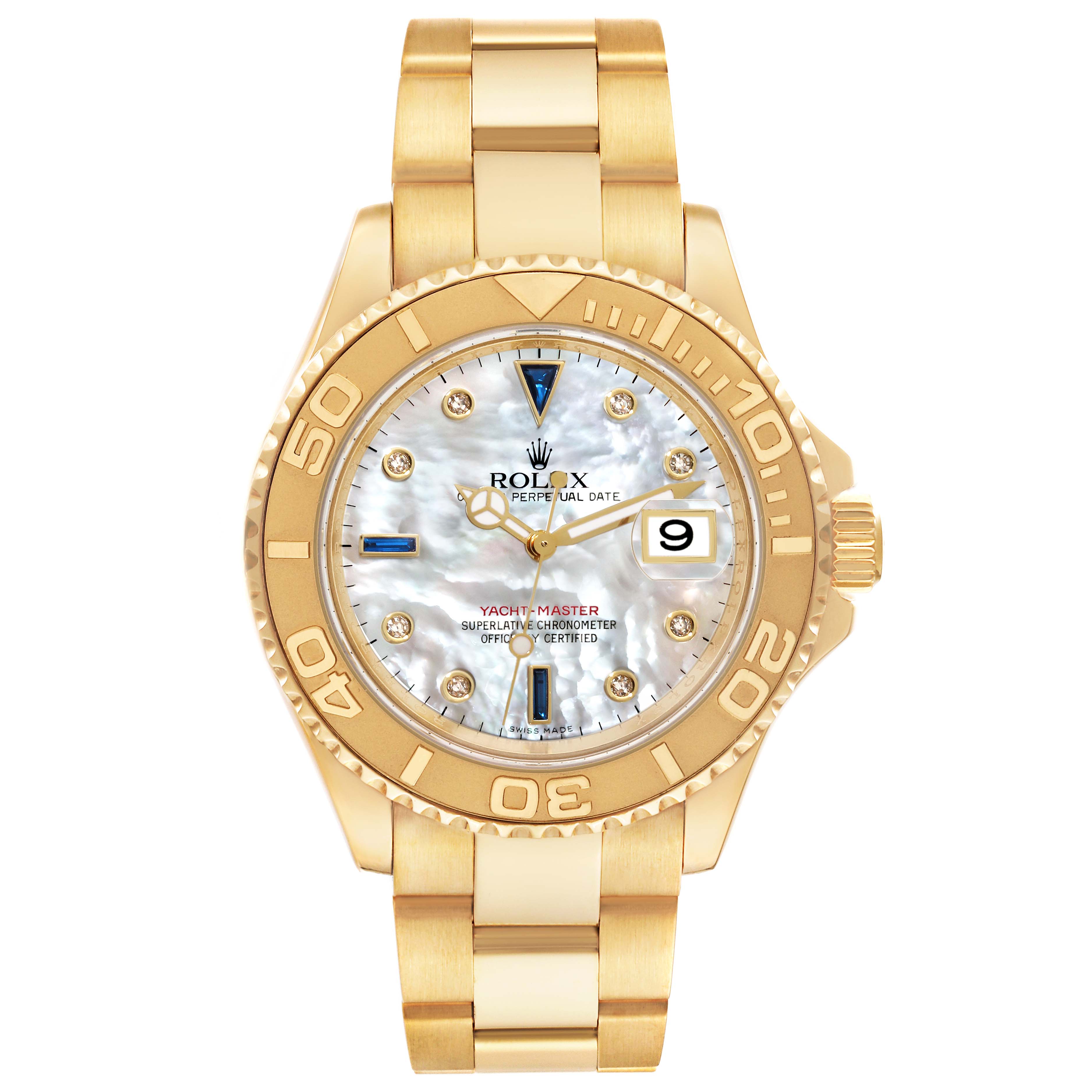 The Rolex Yacht-Master 16628B Men
s Yellow Gold Mother of Pearl Dial 16628B Men
s Yellow Gold Mother of Pearl Dial watch is shown from a front angle, displaying the dial, bezel, bracelet, and crown.