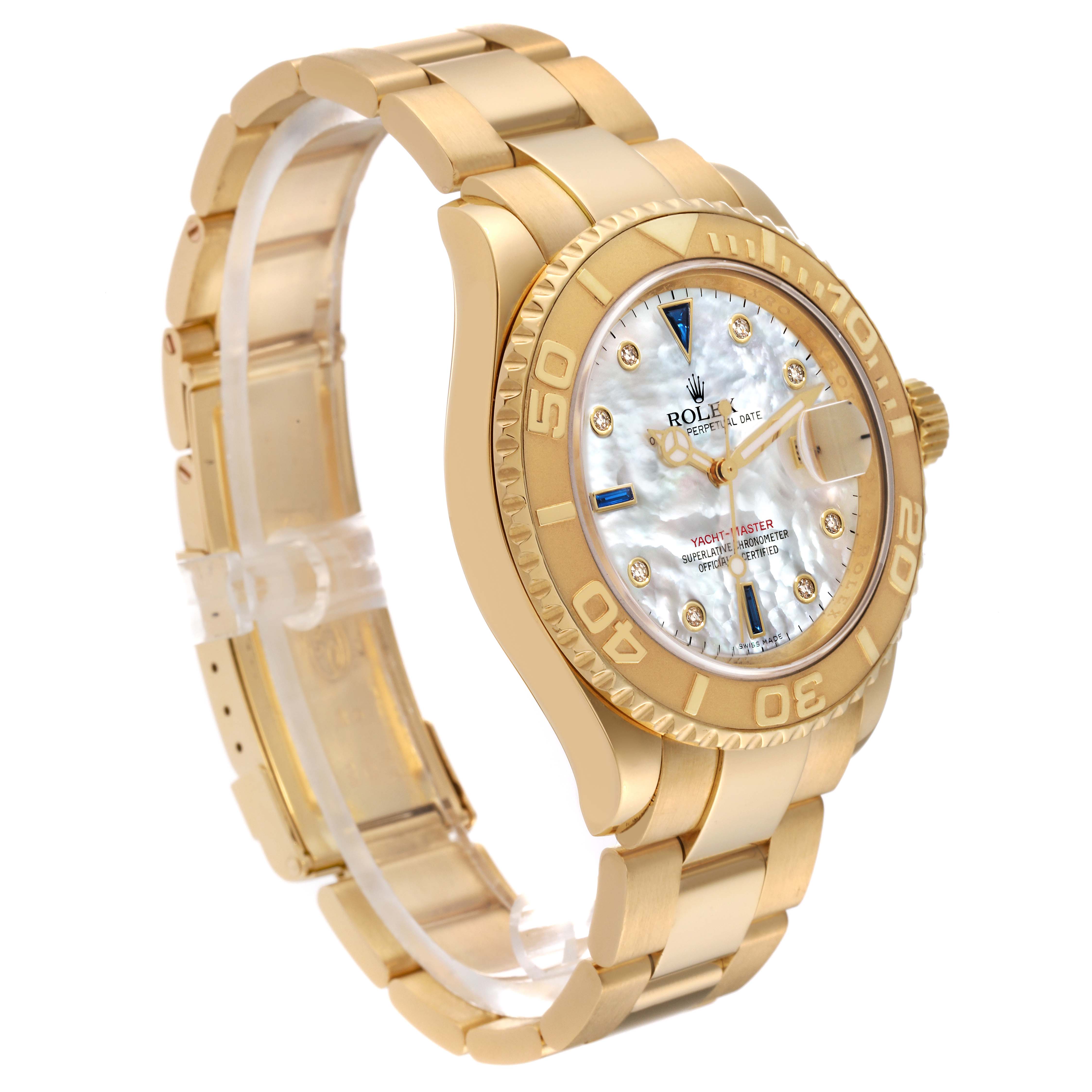 The Rolex Yacht-Master 16628B Men
s Yellow Gold Mother of Pearl Dial 16628B Men
s Yellow Gold Mother of Pearl Dial watch is shown at a three-quarter angle, displaying the dial, bezel, and bracelet.