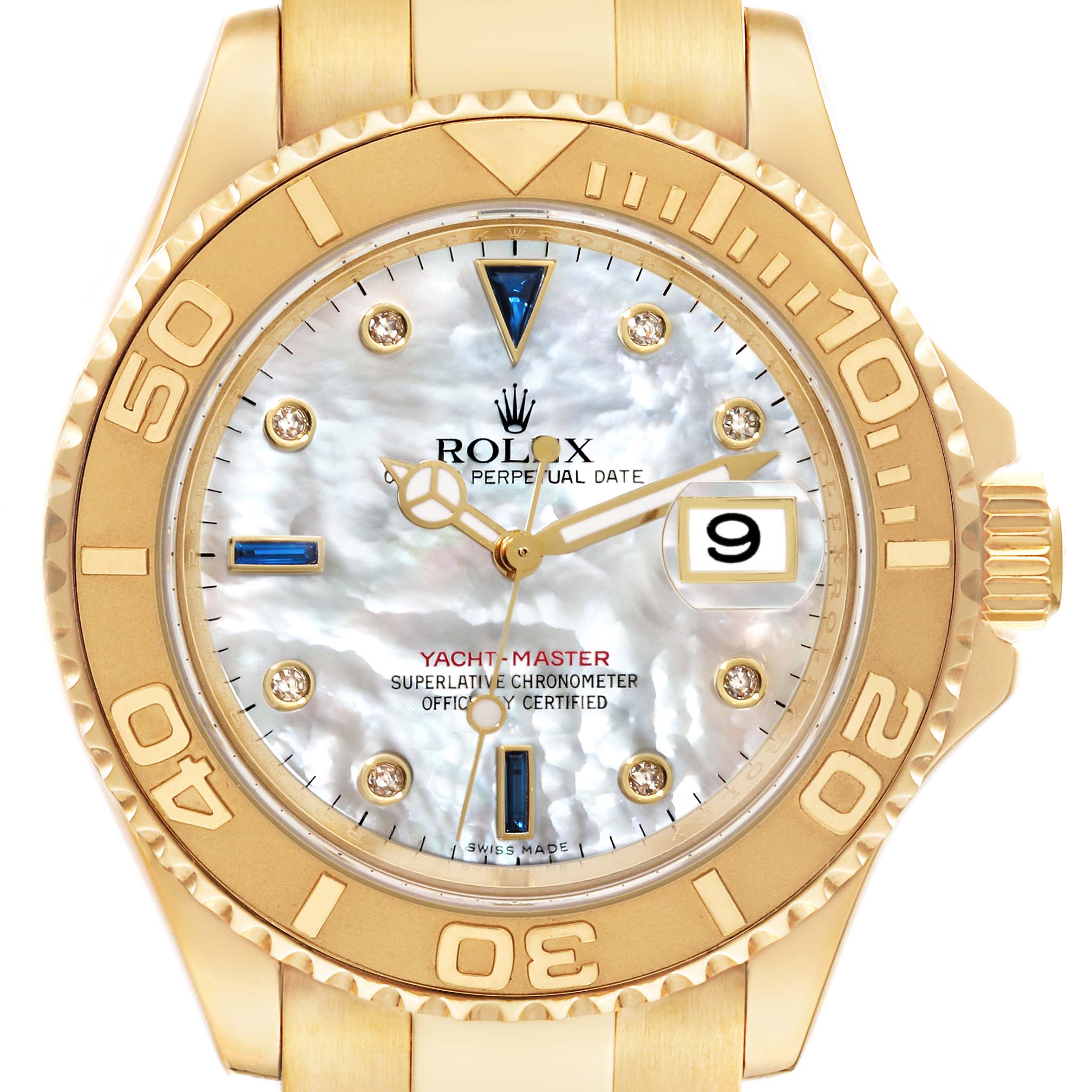 The Rolex Yacht-Master 16628B Men
s Yellow Gold Mother of Pearl Dial 16628B Men
s Yellow Gold Mother of Pearl Dial watch is shown from a front angle, highlighting the dial, bezel, and crown.