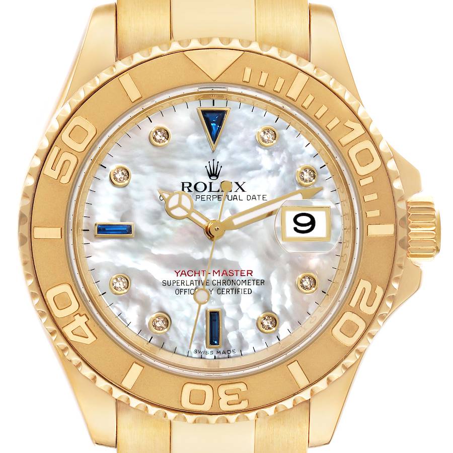 The Rolex Yacht-Master watch is shown from a front angle, highlighting the dial, bezel, and crown.