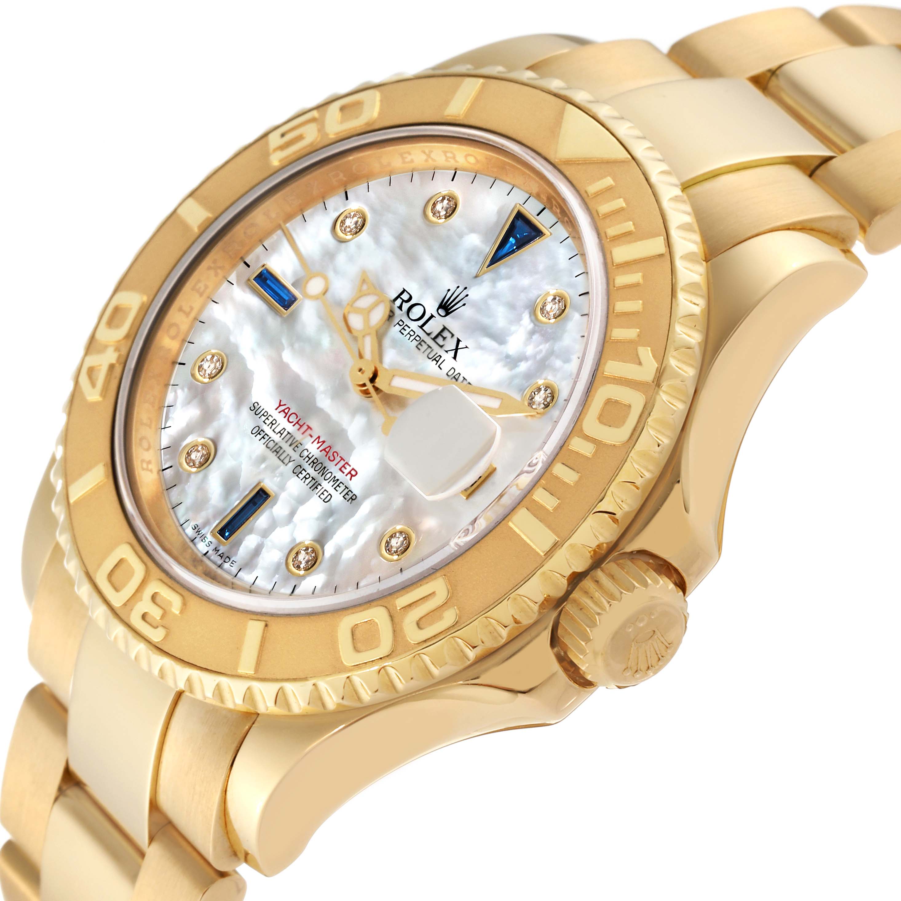 The Rolex Yacht-Master 16628B Men
s Yellow Gold Mother of Pearl Dial 16628B Men
s Yellow Gold Mother of Pearl Dial watch is shown at an angled view, highlighting its gold bezel, mother-of-pearl dial, and bracelet.