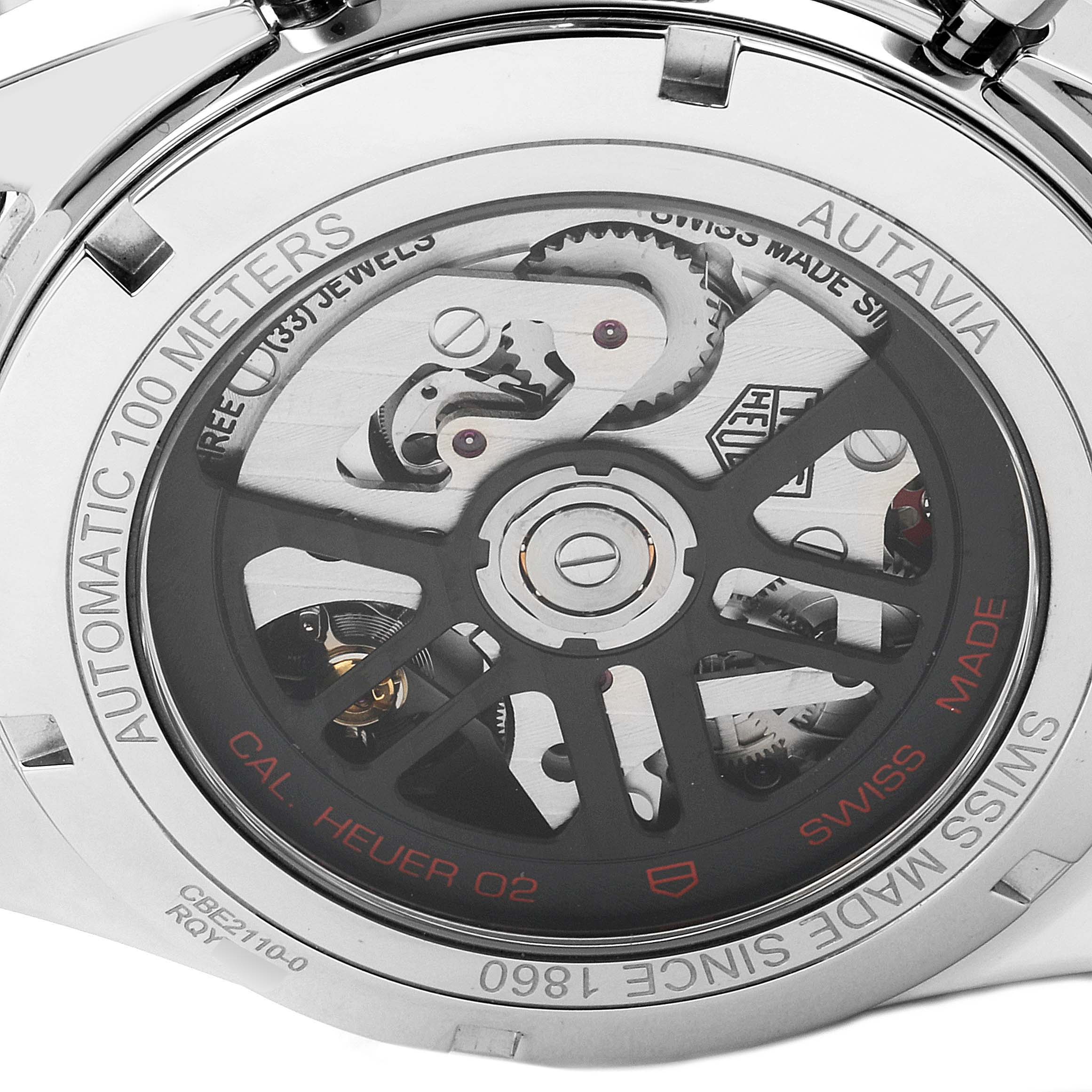 This image shows the back of the Tag Heuer Autavia CBE2110.BA0687 Men's Stainless Steel Black Dial CBE2110.BA0687 Men's Stainless Steel Black Dial watch, featuring the automatic movement and rotor details.