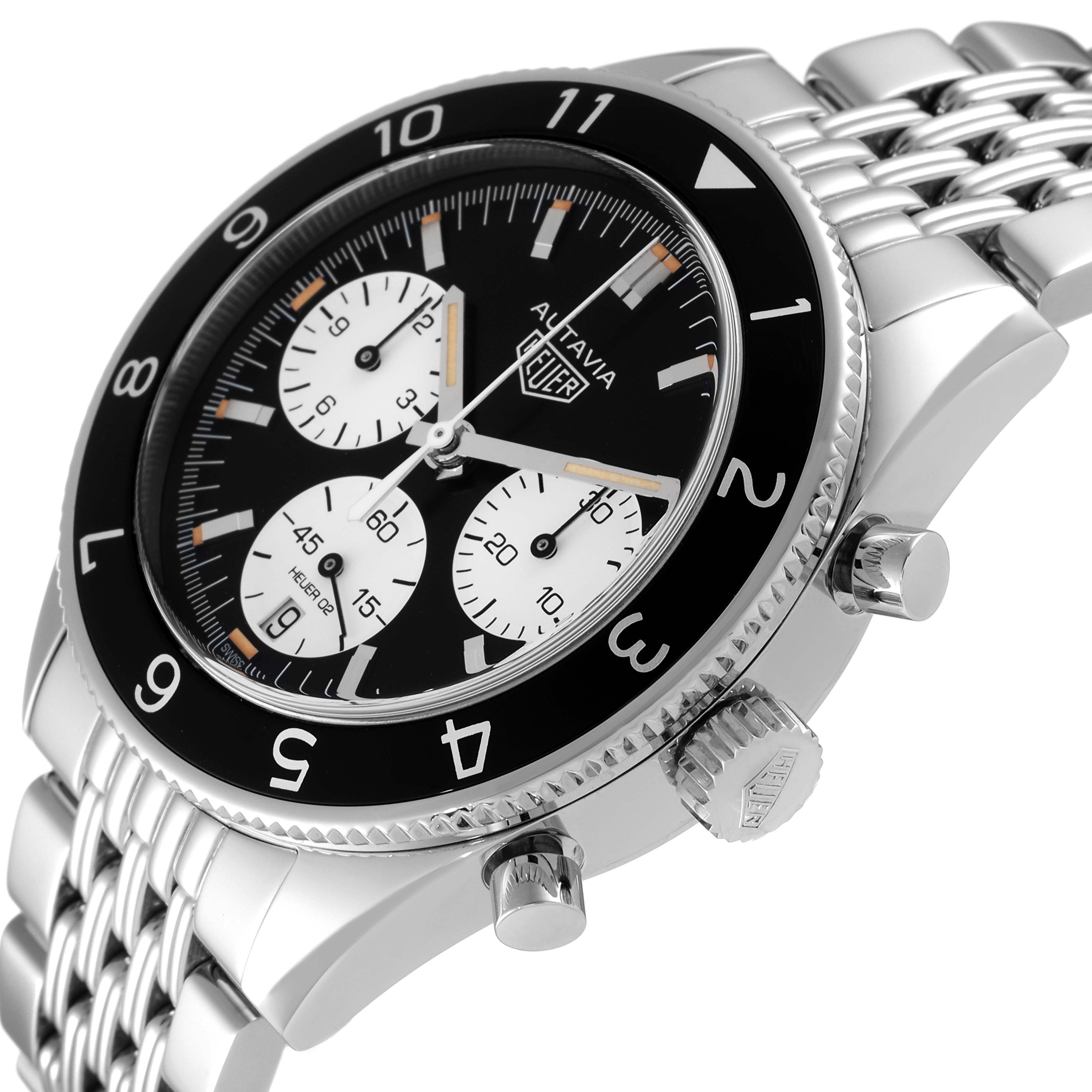 The image shows a Tag Heuer Autavia CBE2110.BA0687 Men's Stainless Steel Black Dial CBE2110.BA0687 Men's Stainless Steel Black Dial watch at a three-quarter angle, highlighting the dial, bezel, crown, and pushers.