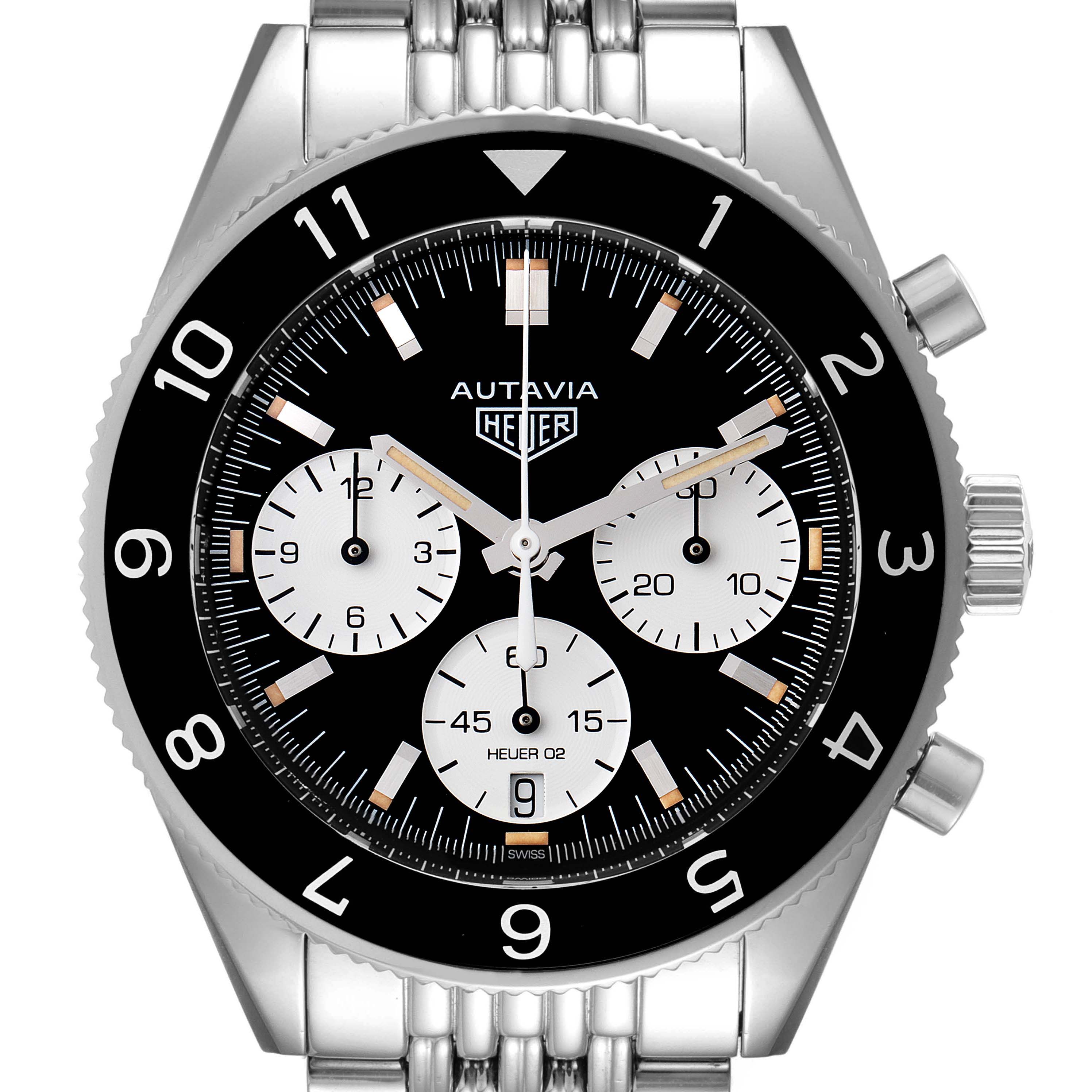 The image shows a front view of the Tag Heuer Autavia CBE2110.BA0687 Men's Stainless Steel Black Dial CBE2110.BA0687 Men's Stainless Steel Black Dial watch, highlighting its dial, subdials, crown, and bracelet.