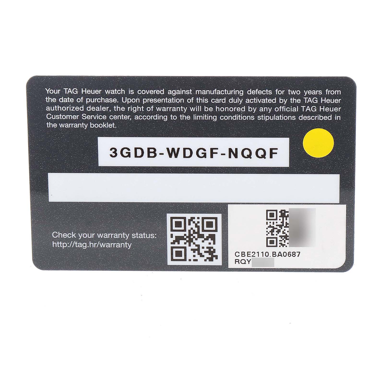 The image shows a Tag Heuer Autavia CBE2110.BA0687 Men's Stainless Steel Black Dial CBE2110.BA0687 Men's Stainless Steel Black Dial model warranty card with a serial number, QR codes, and warranty information.