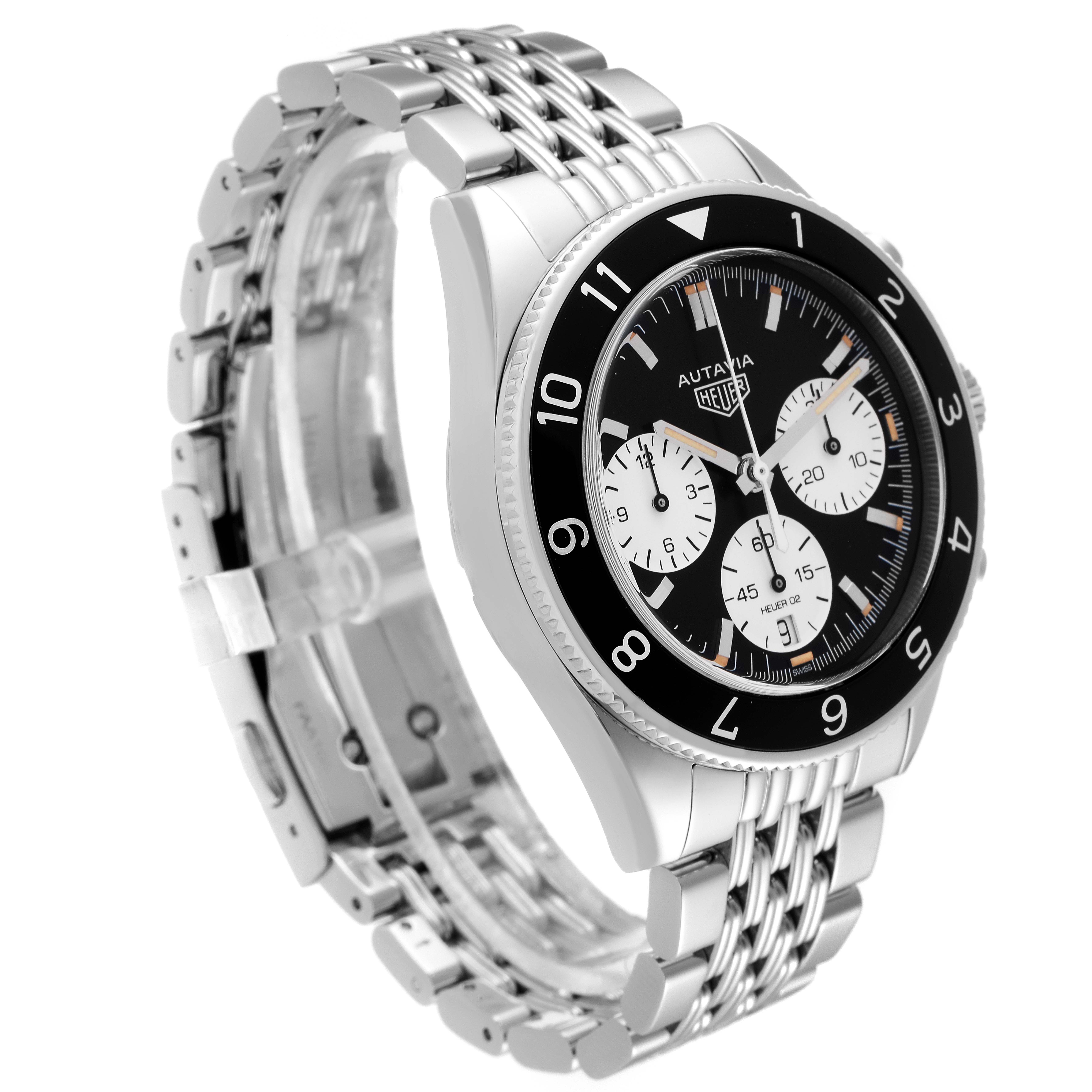 The image shows a Tag Heuer Autavia CBE2110.BA0687 Men's Stainless Steel Black Dial CBE2110.BA0687 Men's Stainless Steel Black Dial watch at a 3/4 angle, highlighting its black bezel, dial, and stainless steel bracelet.