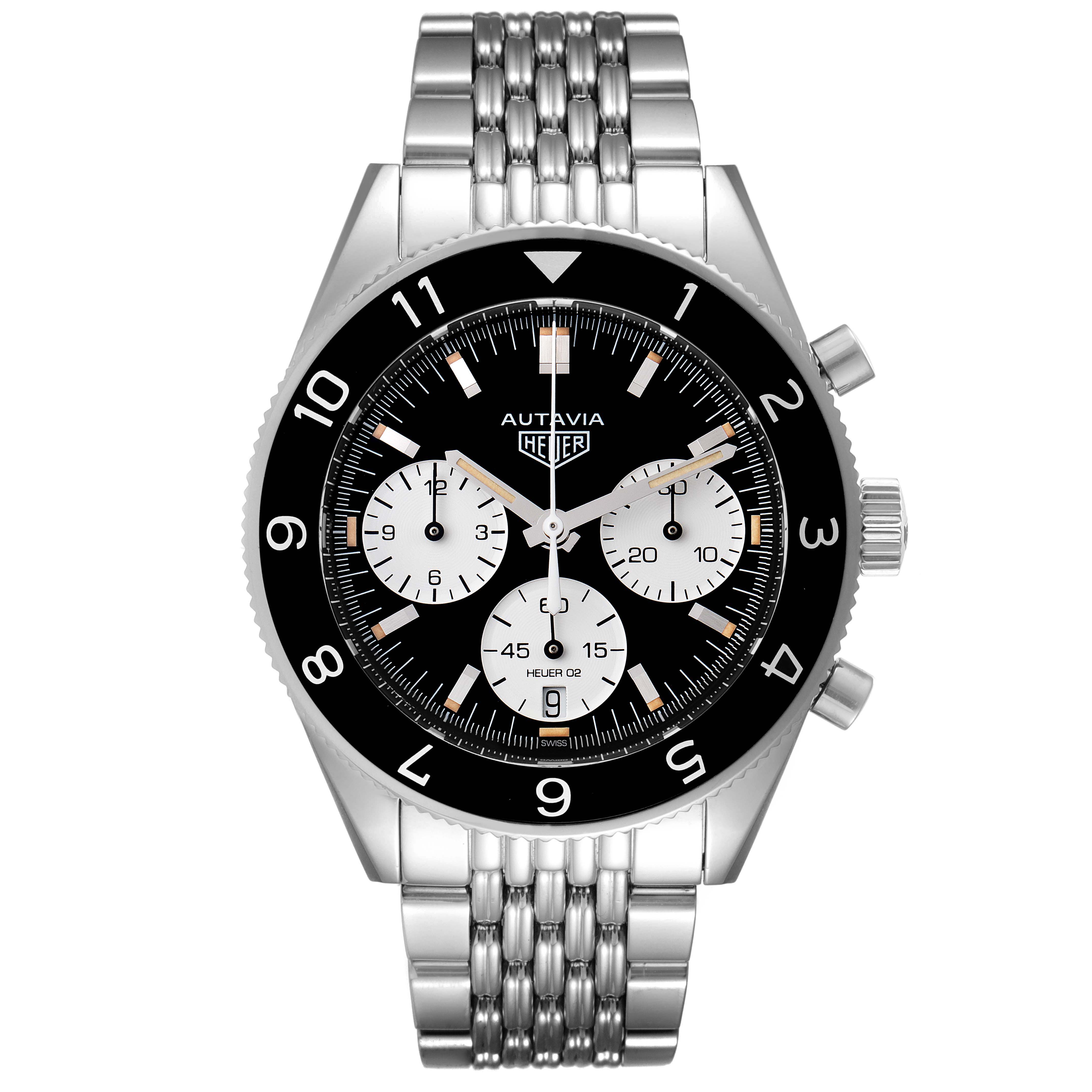 The image shows a front view of the Tag Heuer Autavia CBE2110.BA0687 Men's Stainless Steel Black Dial CBE2110.BA0687 Men's Stainless Steel Black Dial watch, highlighting its face, bezel, and metal bracelet.