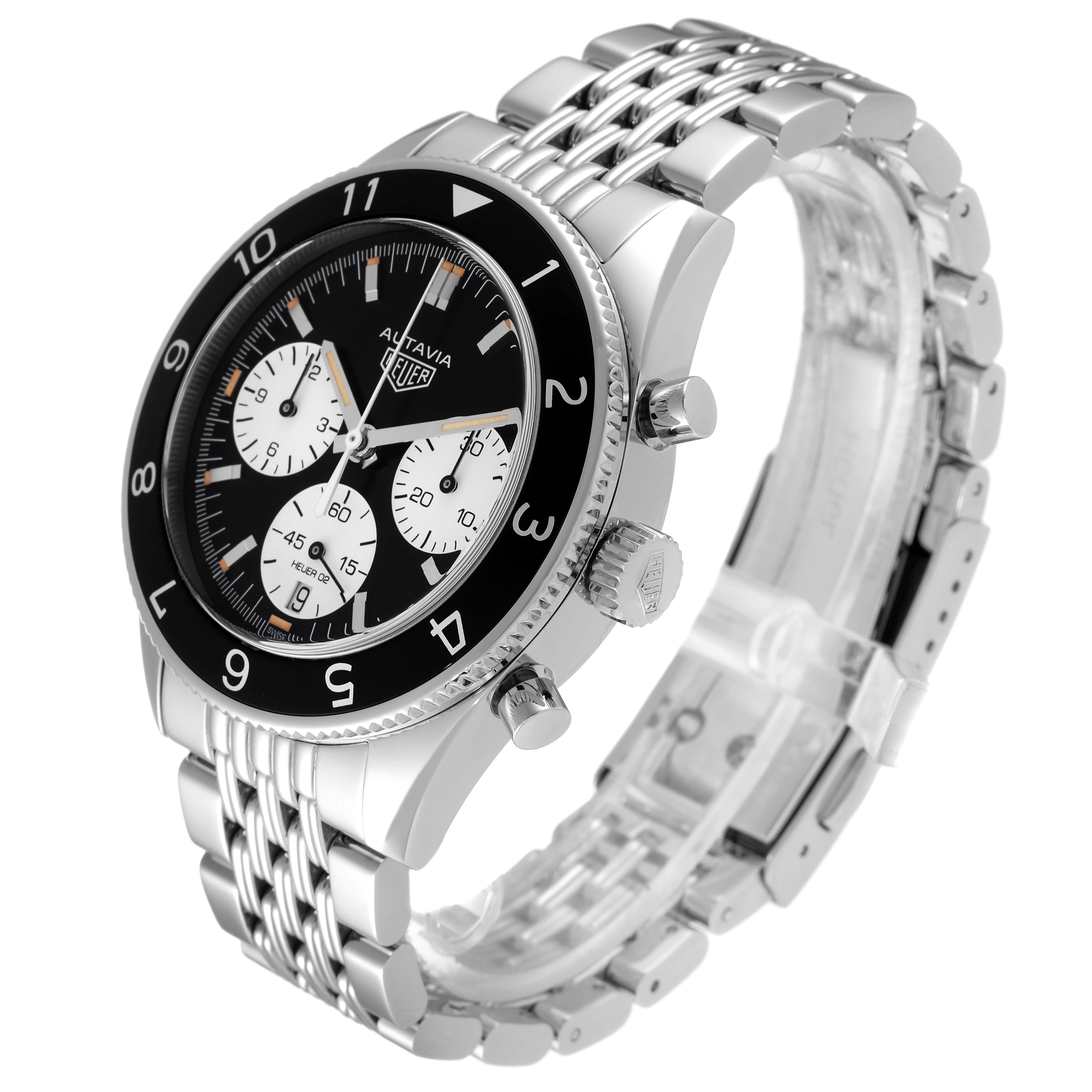 The Tag Heuer Autavia CBE2110.BA0687 Men's Stainless Steel Black Dial CBE2110.BA0687 Men's Stainless Steel Black Dial watch is shown at a front angle, displaying the dial, bezel, crown, pushers, and metal bracelet.