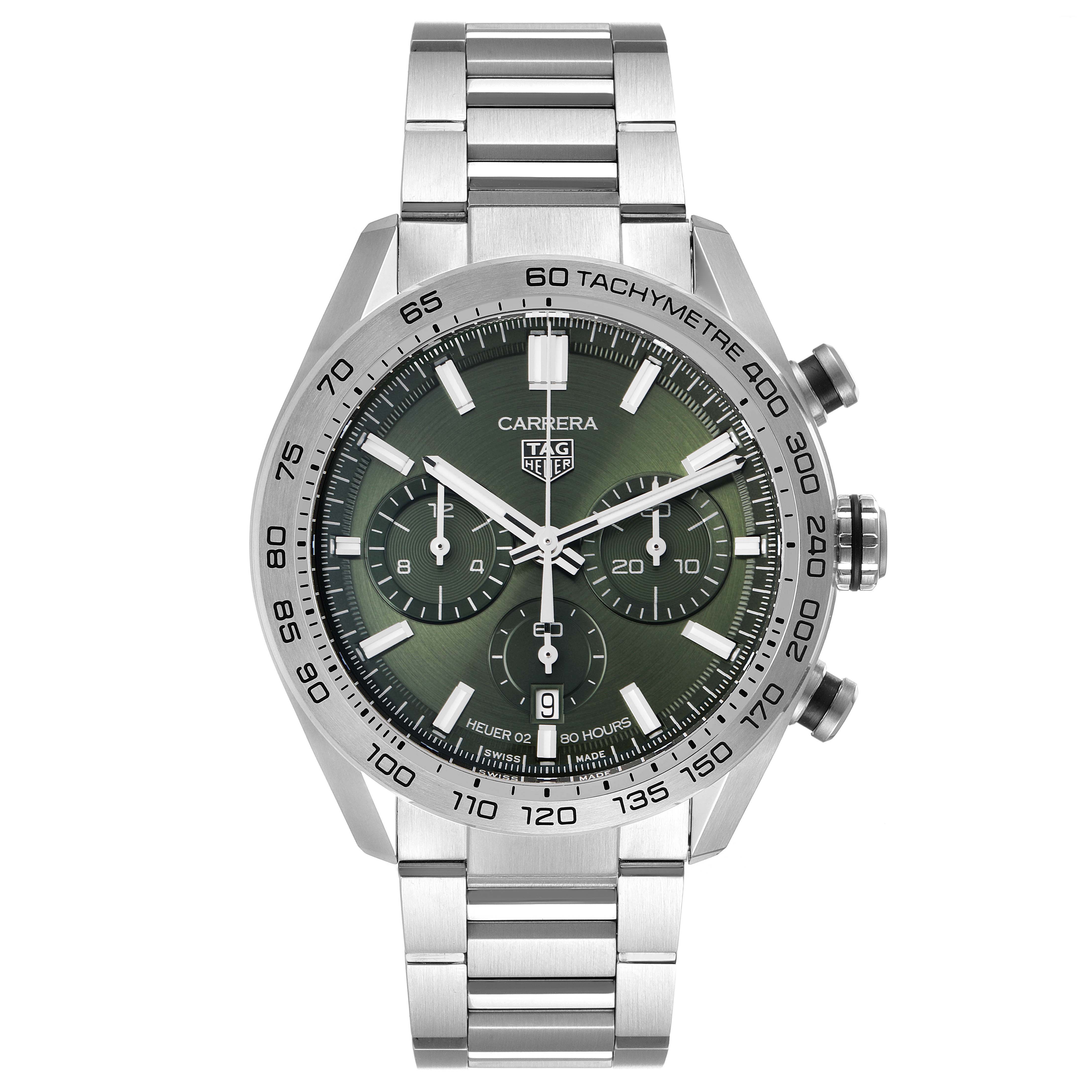 The image shows a frontal view of a Tag Heuer Carrera CBN2A10.BA0643 Men
s Stainless Steel Green Dial CBN2A10.BA0643 Men
s Stainless Steel Green Dial model watch, highlighting its dial, bezel, and bracelet.