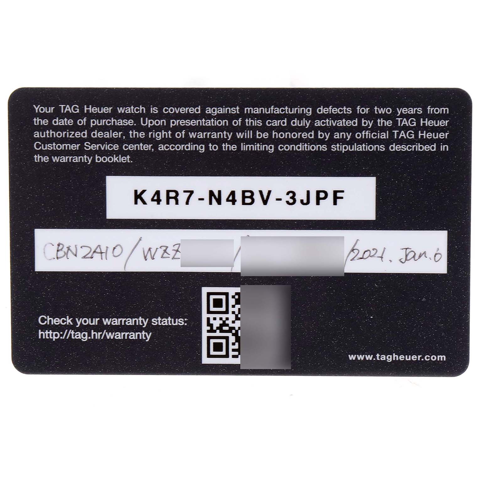 The image shows a warranty card for a Tag Heuer Carrera CBN2A10.BA0643 Men
s Stainless Steel Green Dial CBN2A10.BA0643 Men
s Stainless Steel Green Dial model CBN2410.