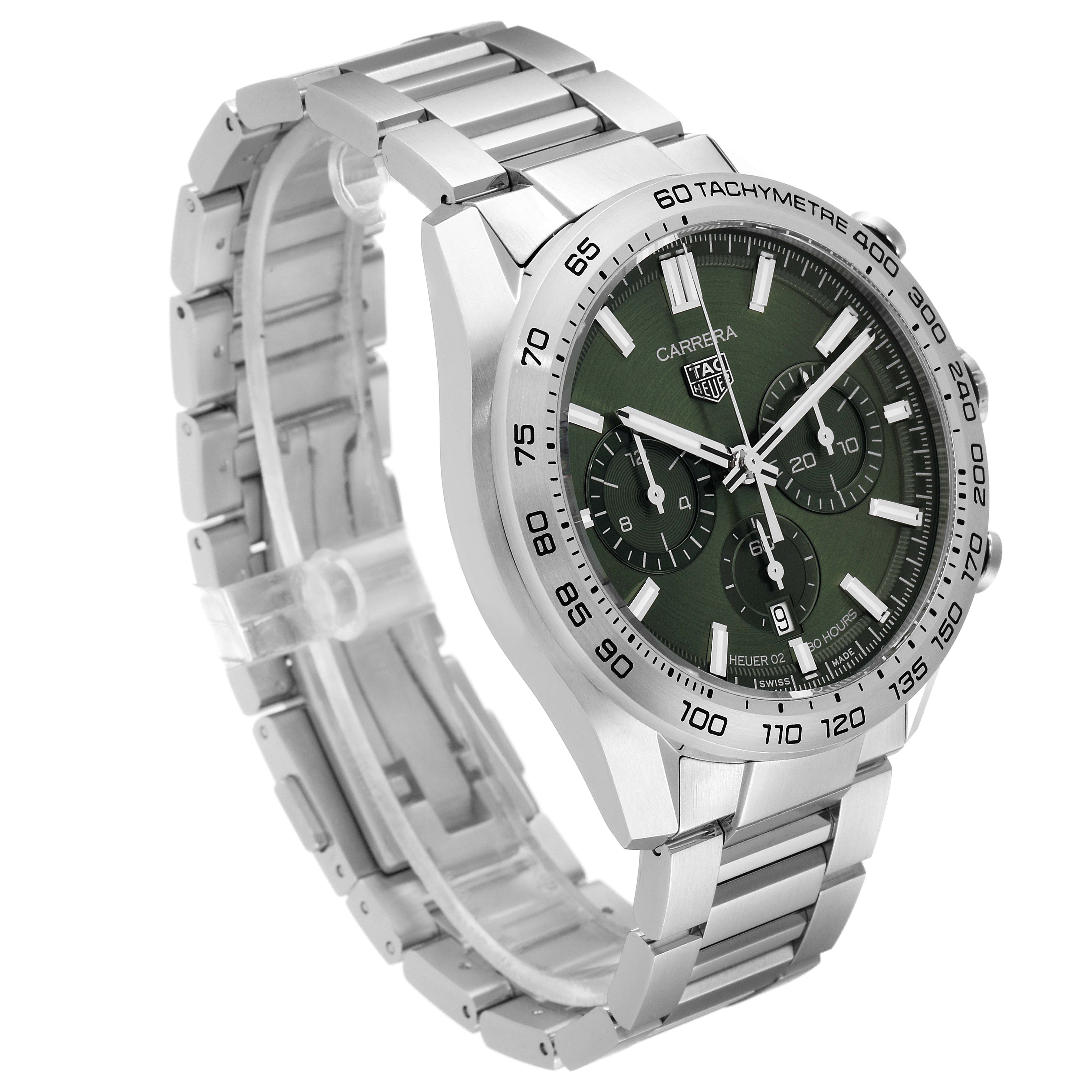 This Tag Heuer Carrera CBN2A10.BA0643 Men
s Stainless Steel Green Dial CBN2A10.BA0643 Men
s Stainless Steel Green Dial watch is shown at a three-quarter angle, highlighting the bracelet, case, and green dial with tachymeter bezel.