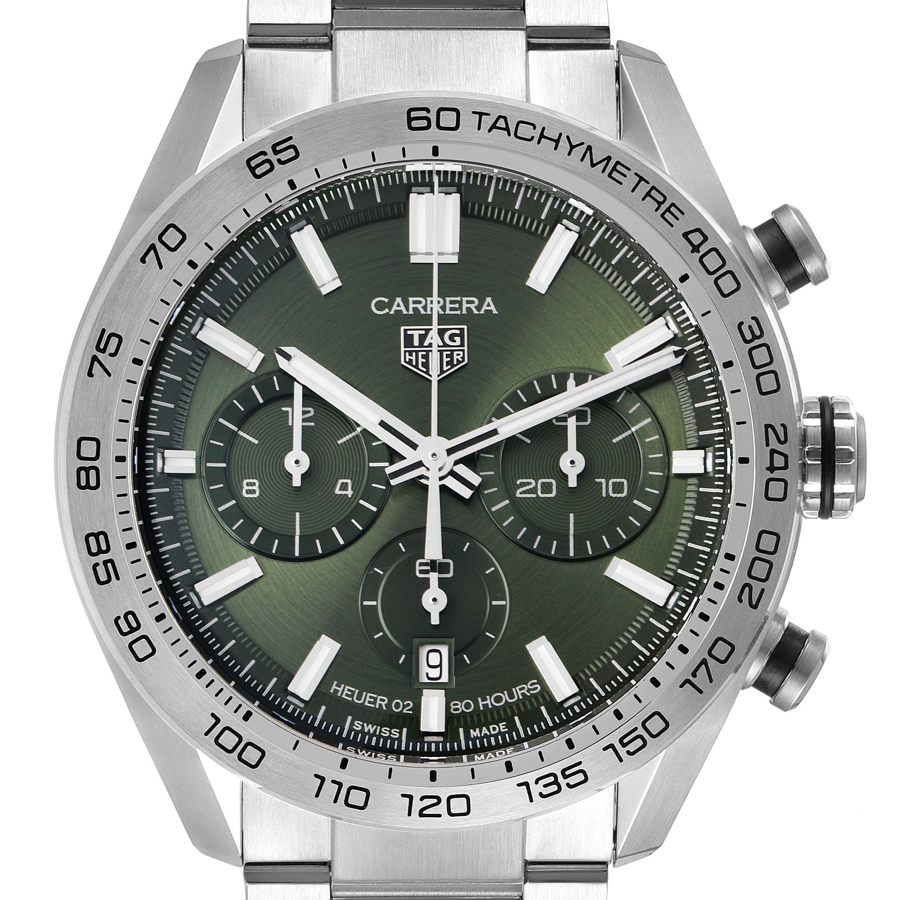 The image shows a front view of a Tag Heuer Carrera CBN2A10.BA0643 Men
s Stainless Steel Green Dial CBN2A10.BA0643 Men
s Stainless Steel Green Dial watch with a green dial and silver bracelet.