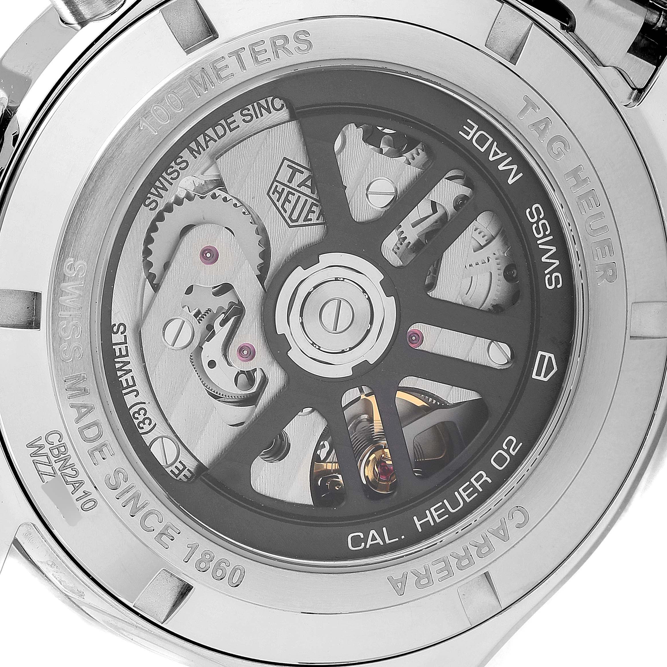 This is the back view of a Tag Heuer Carrera CBN2A10.BA0643 Men
s Stainless Steel Green Dial CBN2A10.BA0643 Men
s Stainless Steel Green Dial watch showing its mechanical movement and inscriptions.