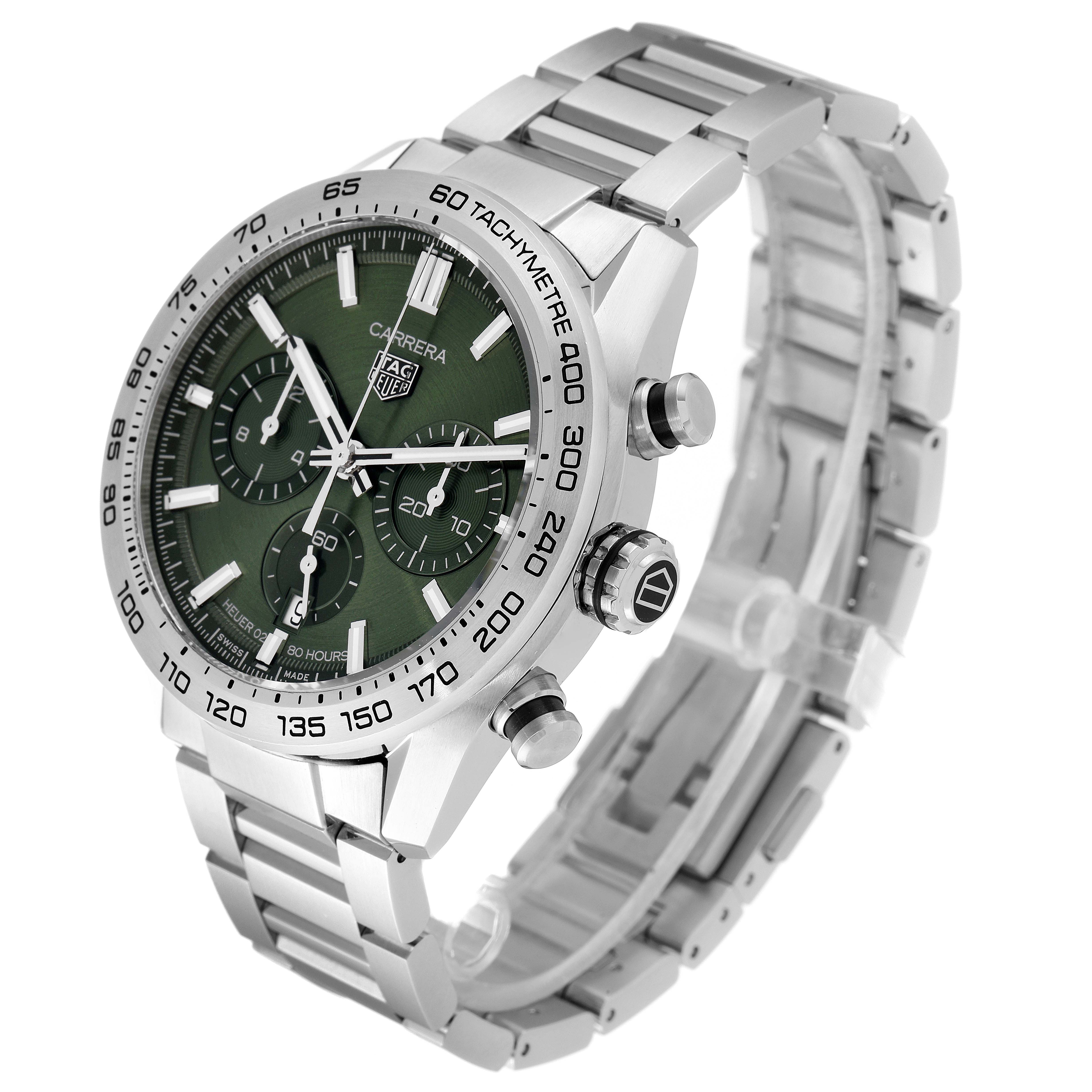 The image shows a side and front angle of a Tag Heuer Carrera CBN2A10.BA0643 Men
s Stainless Steel Green Dial CBN2A10.BA0643 Men
s Stainless Steel Green Dial watch, highlighting its green dial, tachymeter bezel, and stainless steel bracelet.