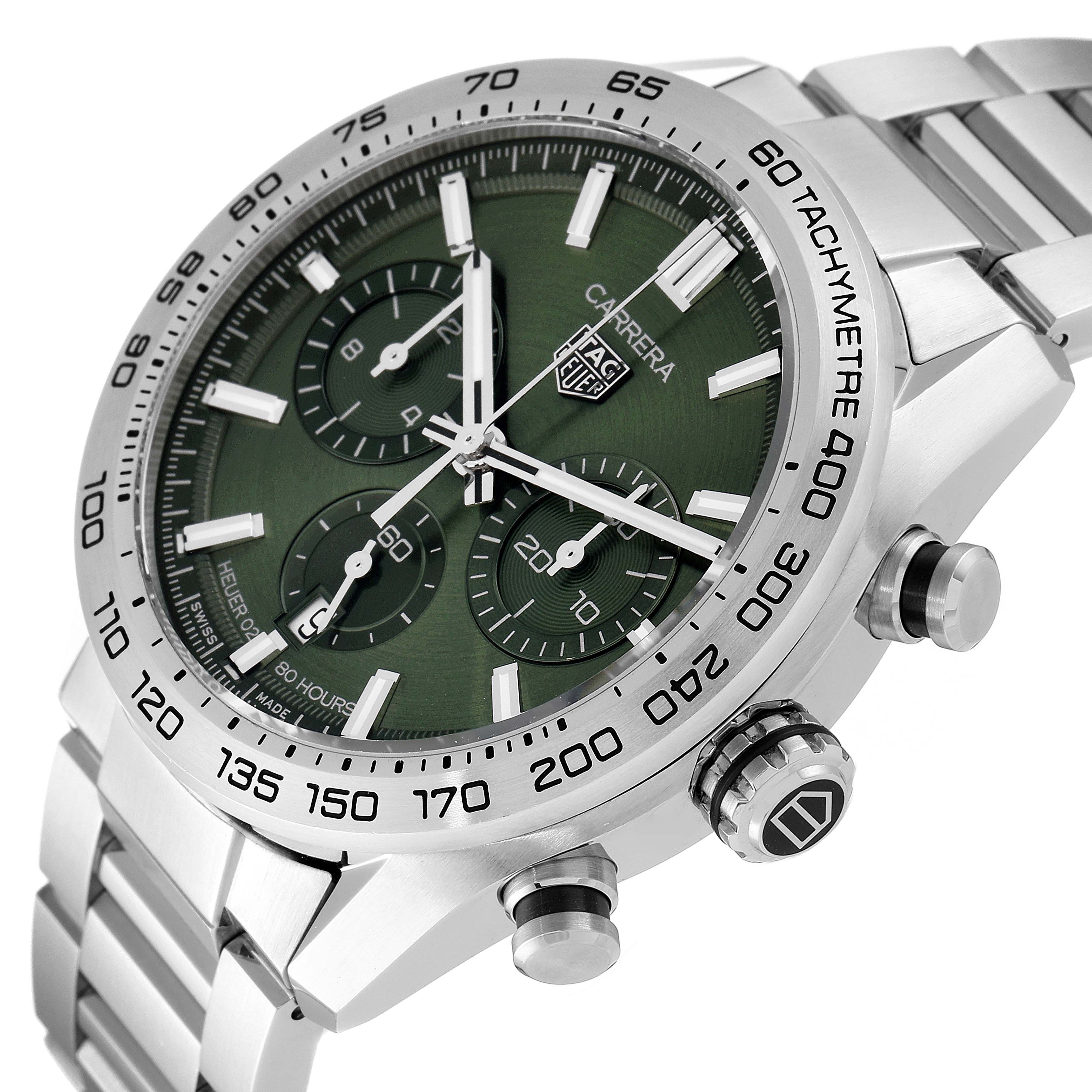 The image shows a close-up, angled view of the Tag Heuer Carrera CBN2A10.BA0643 Men
s Stainless Steel Green Dial CBN2A10.BA0643 Men
s Stainless Steel Green Dial watch, featuring its dial, bezel, crown, and bracelet.