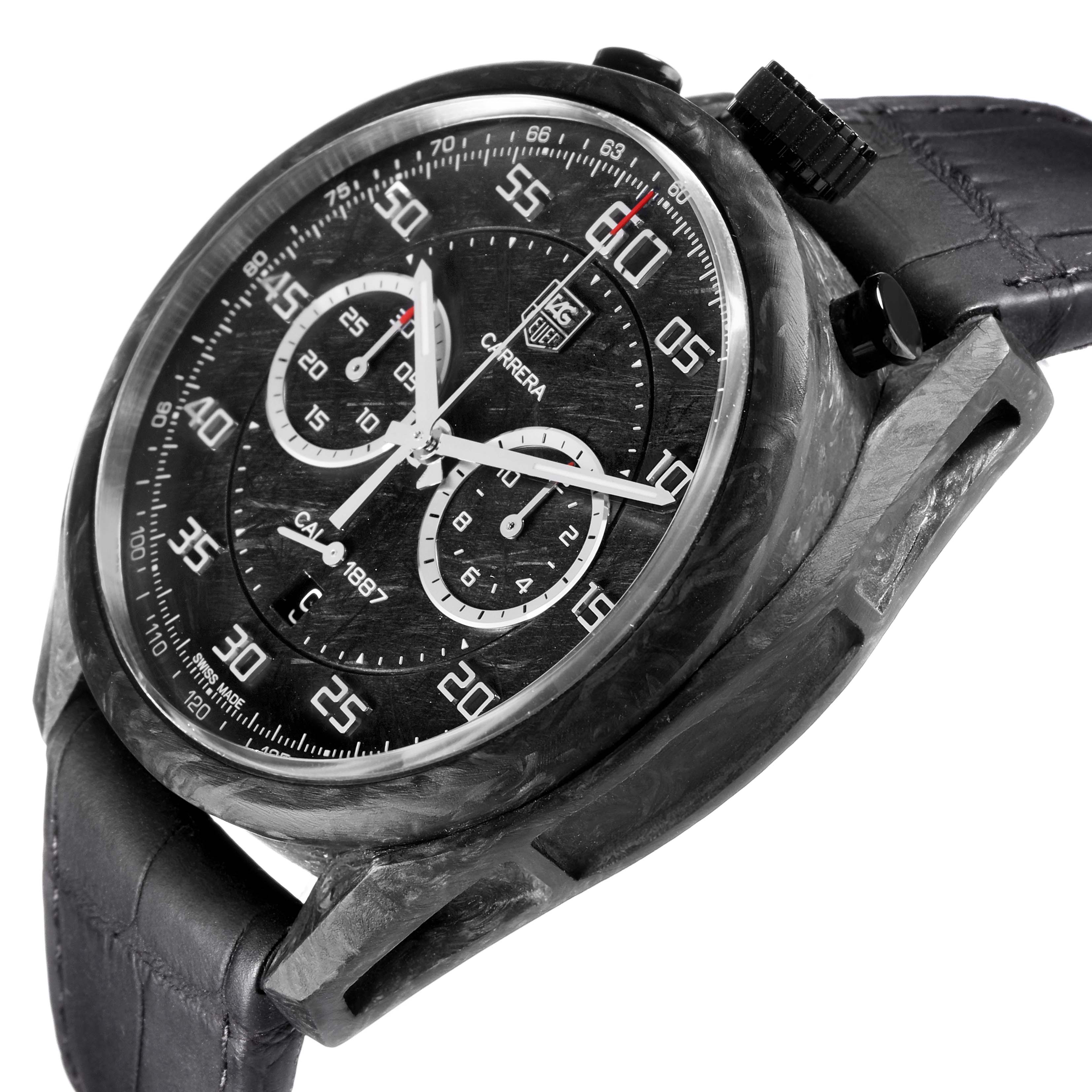 The image shows a Tag Heuer Carrera model CAR2C90.FC6341 watch at a three-quarter angle, highlighting the dial, case, crown, and strap.