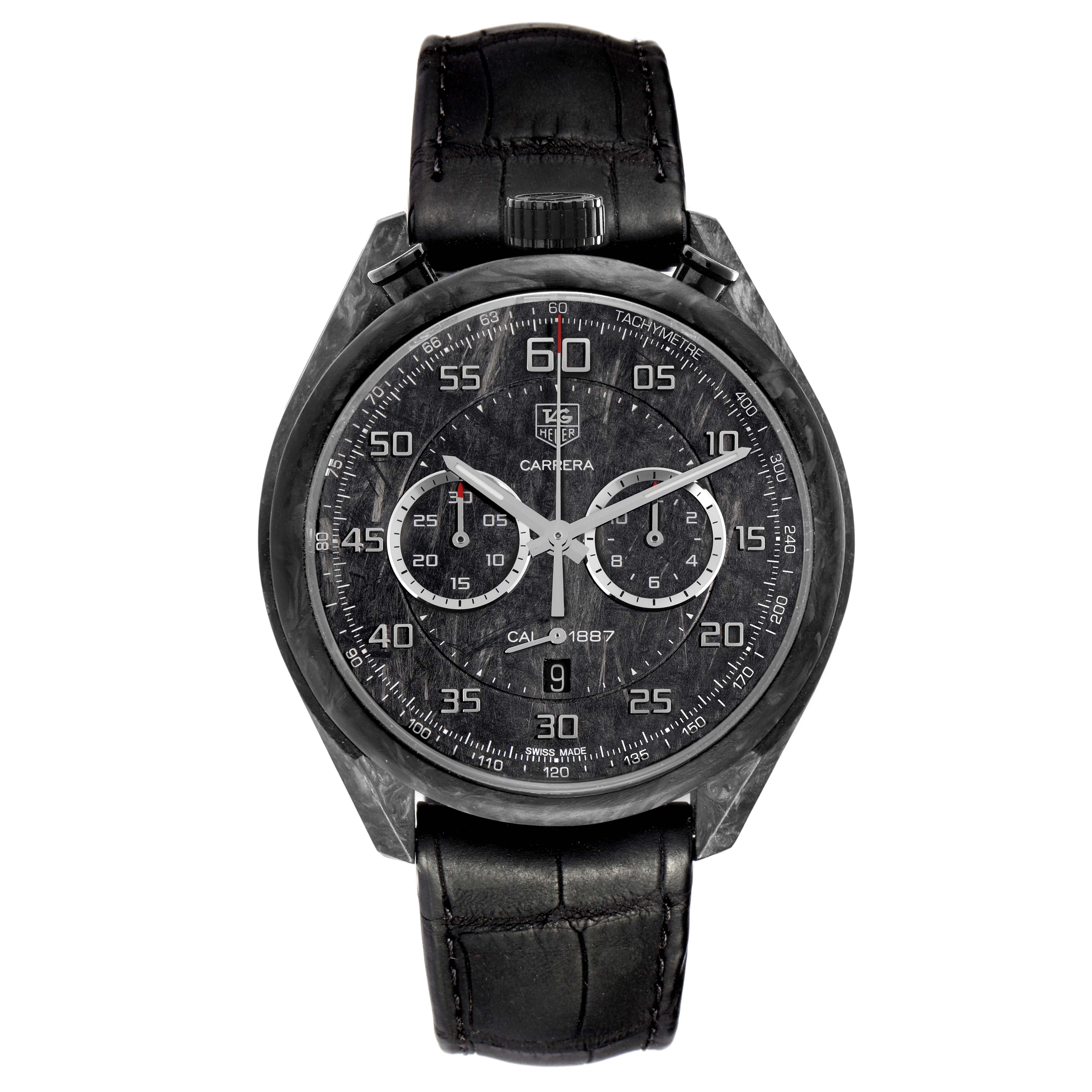 The Tag Heuer Carrera model CAR2C90.FC6341 is shown from a front angle, highlighting its dial, subdials, bezel, and leather strap.