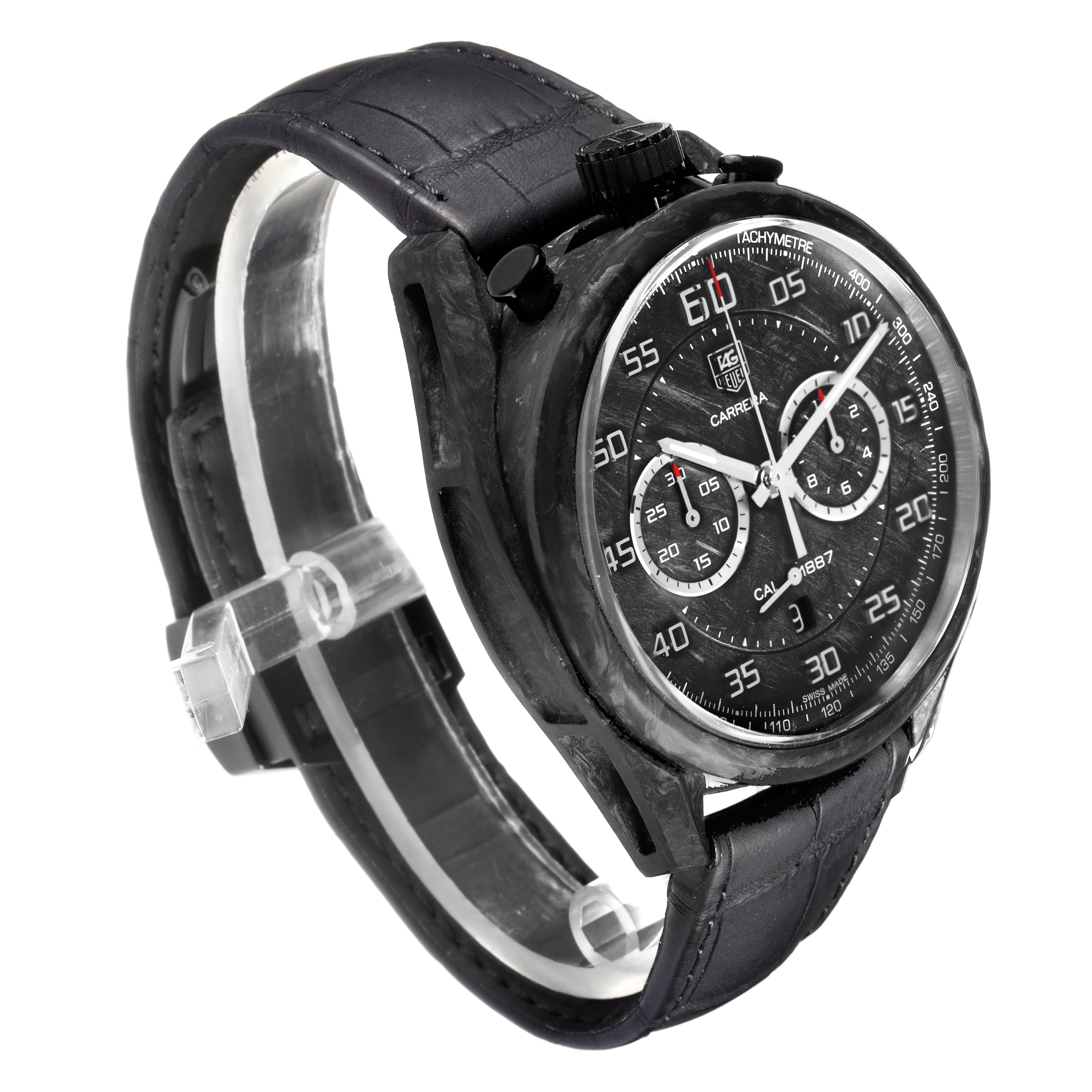 The TAG Heuer Carrera model CAR2C90.FC6341 is shown at a three-quarter angle, highlighting the dial, crown, pushers, and black leather strap.