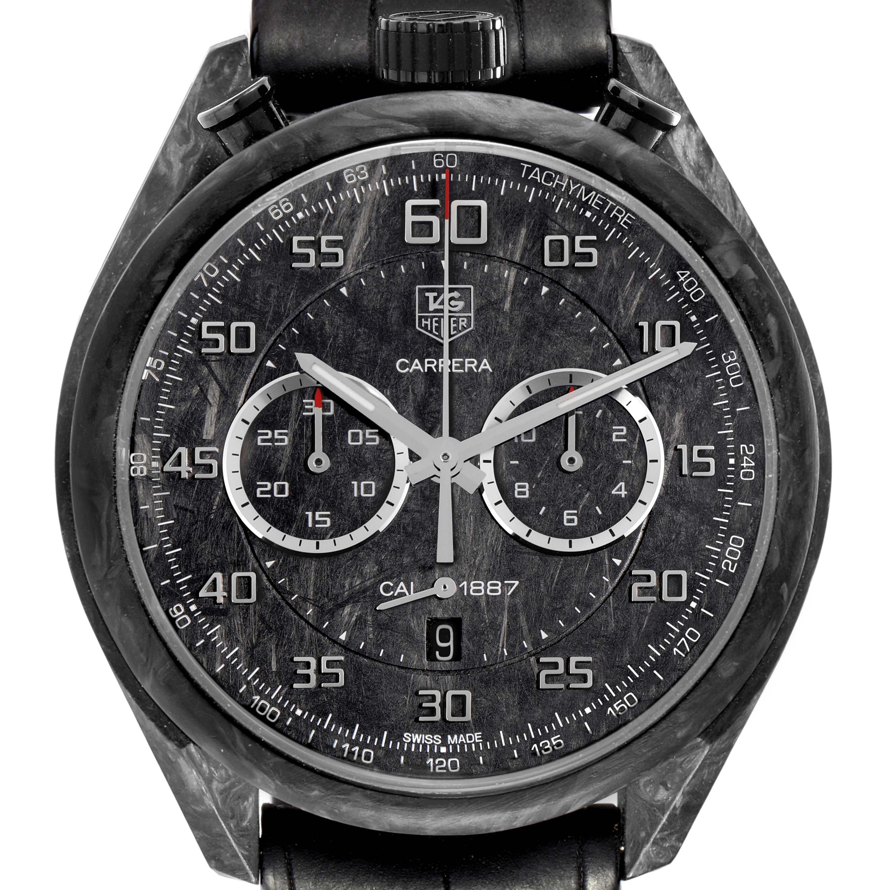 The Tag Heuer Carrera model CAR2C90.FC6341 is shown from a frontal angle, displaying the dial, hands, subdials, bezel, and part of the strap.