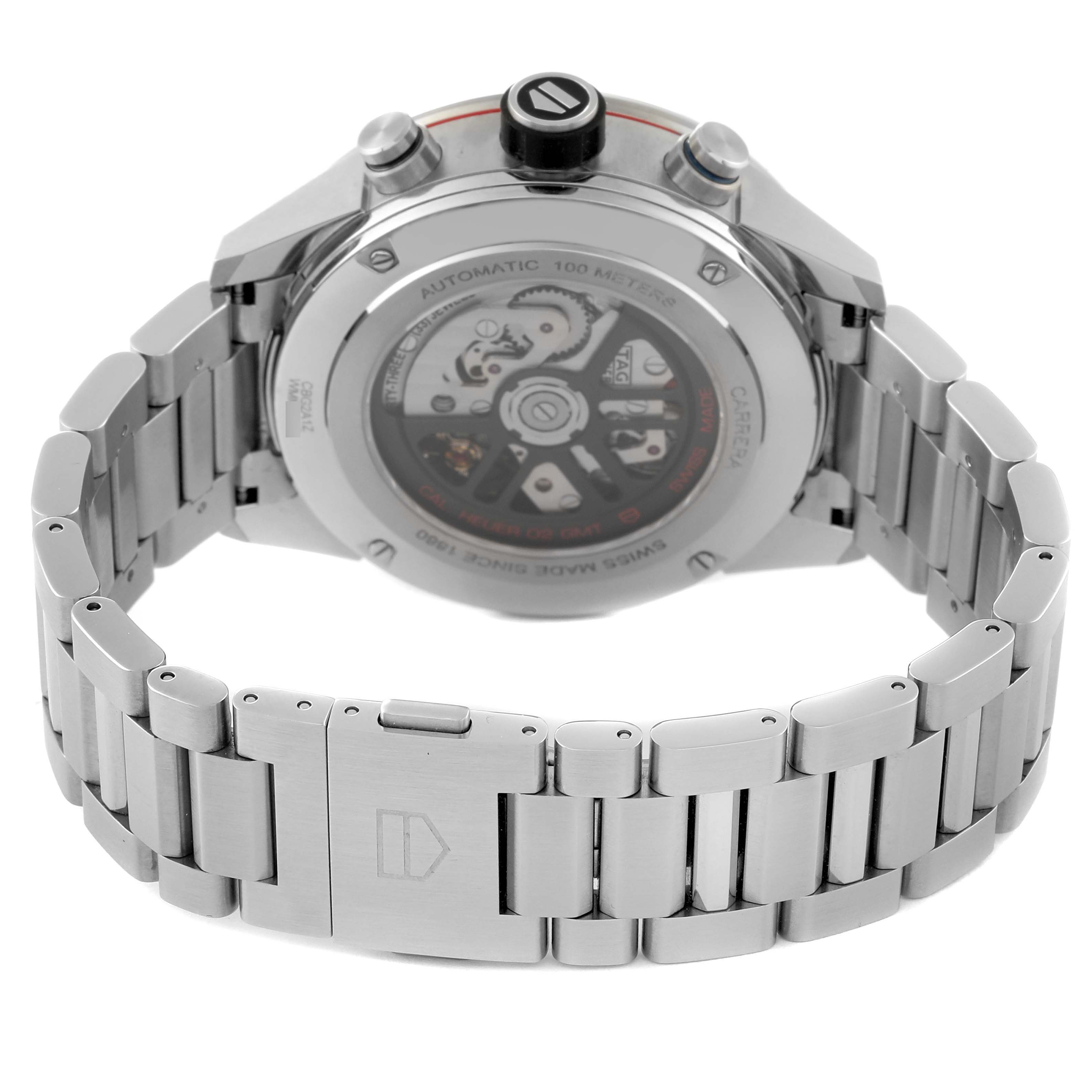 The image shows the back view of a Tag Heuer Carrera CBG2A1Z Men's Stainless Steel Black Dial CBG2A1Z Men's Stainless Steel Black Dial watch, highlighting its stainless steel bracelet and transparent case back.